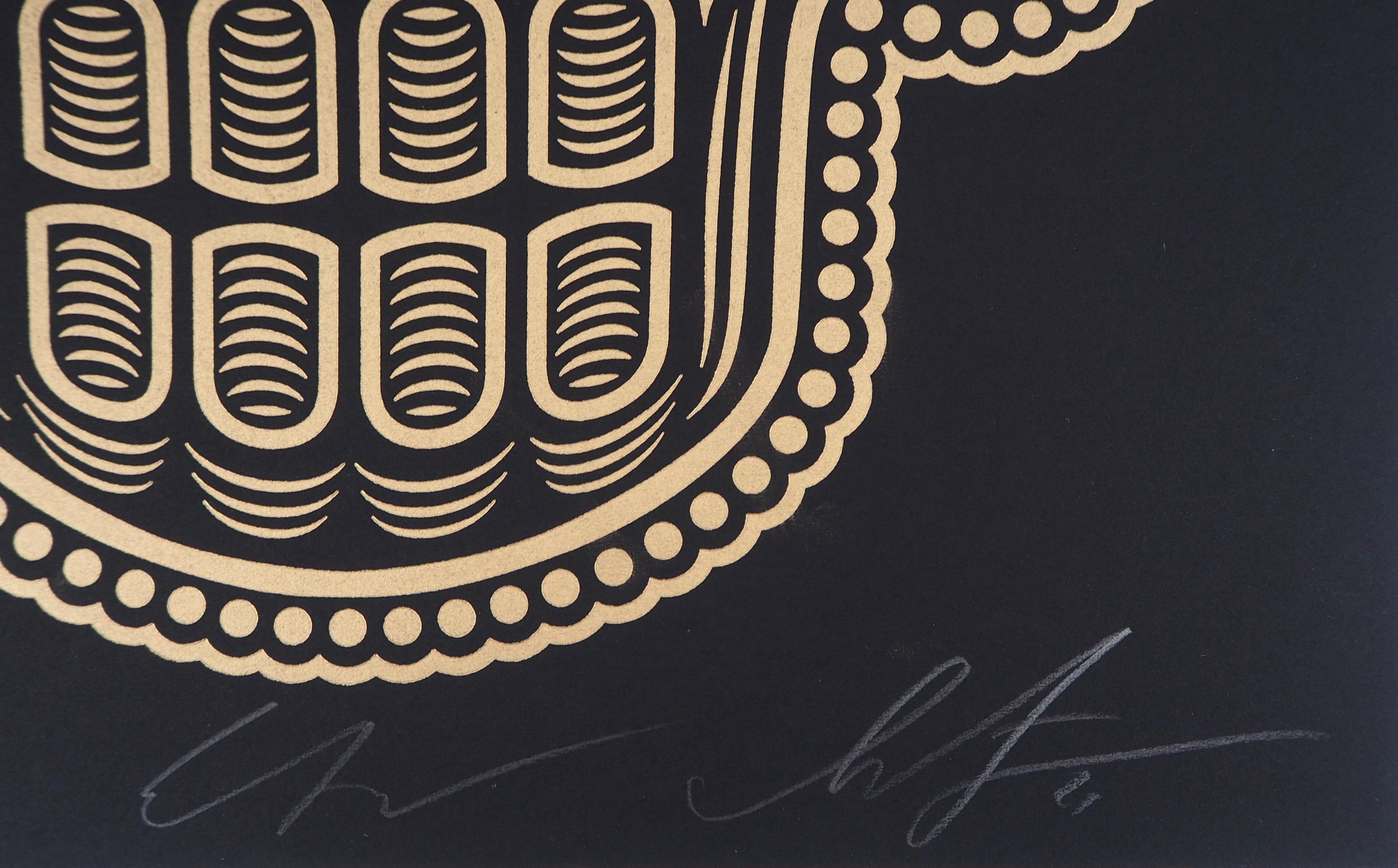 Shepard FAIREY (OBEY) und Ernesto YERENA (Ganas)
Dia de los Muertos / Tag der Toten

Zwei Original-Buchstaben (Serigraphie)
Handsigniert mit Bleistift
Nummeriert /250 Exemplare
Auf schwarzem Vellum 35 x 28 cm (ca. 18 x 11 inch)

Ausgezeichneter
