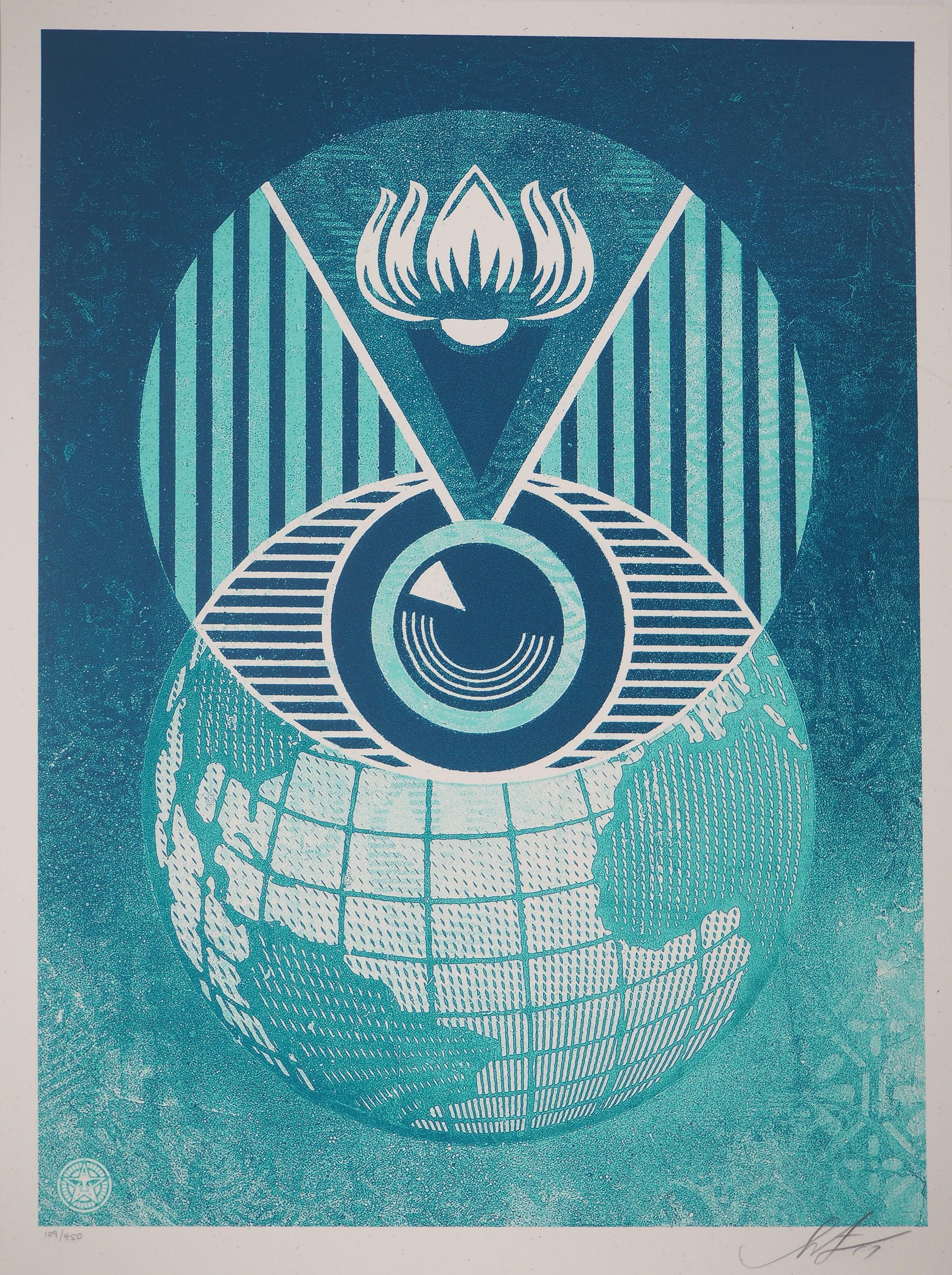 Shepard Fairey Figurative Print - Ecology : Flint Eye Alert Globe - Screenprint Handsigned and numbered