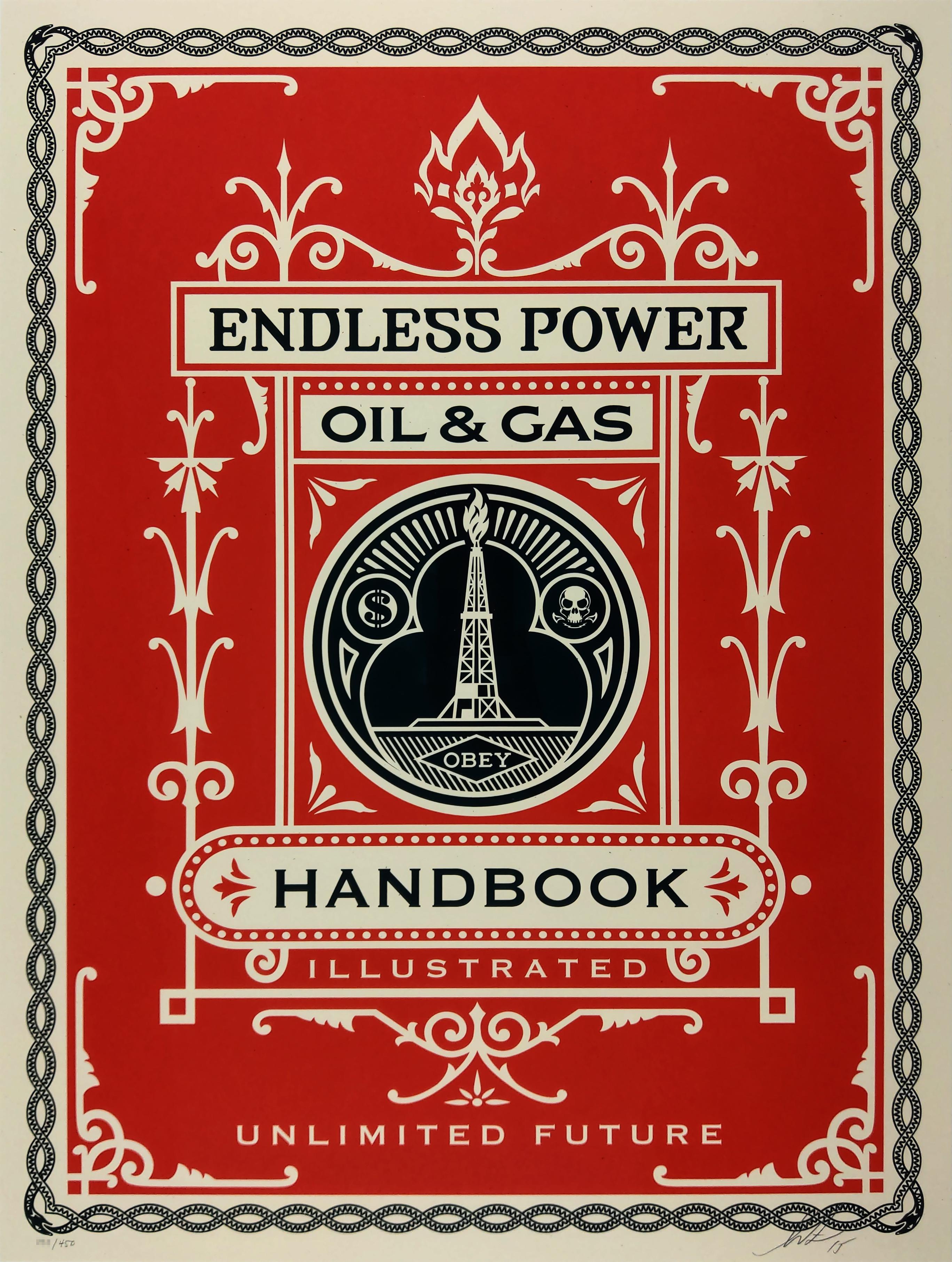 Endless Power Handbook - Shepard Fairey Obey Contemporary Print. Siebdruck auf cremefarbenem Papier mit Sprenkeln. Signierte und nummerierte Auflage von 450 Exemplaren. 

Shepard Fairey gehört neben Banksy, Mr. Brainwash und anderen zu den