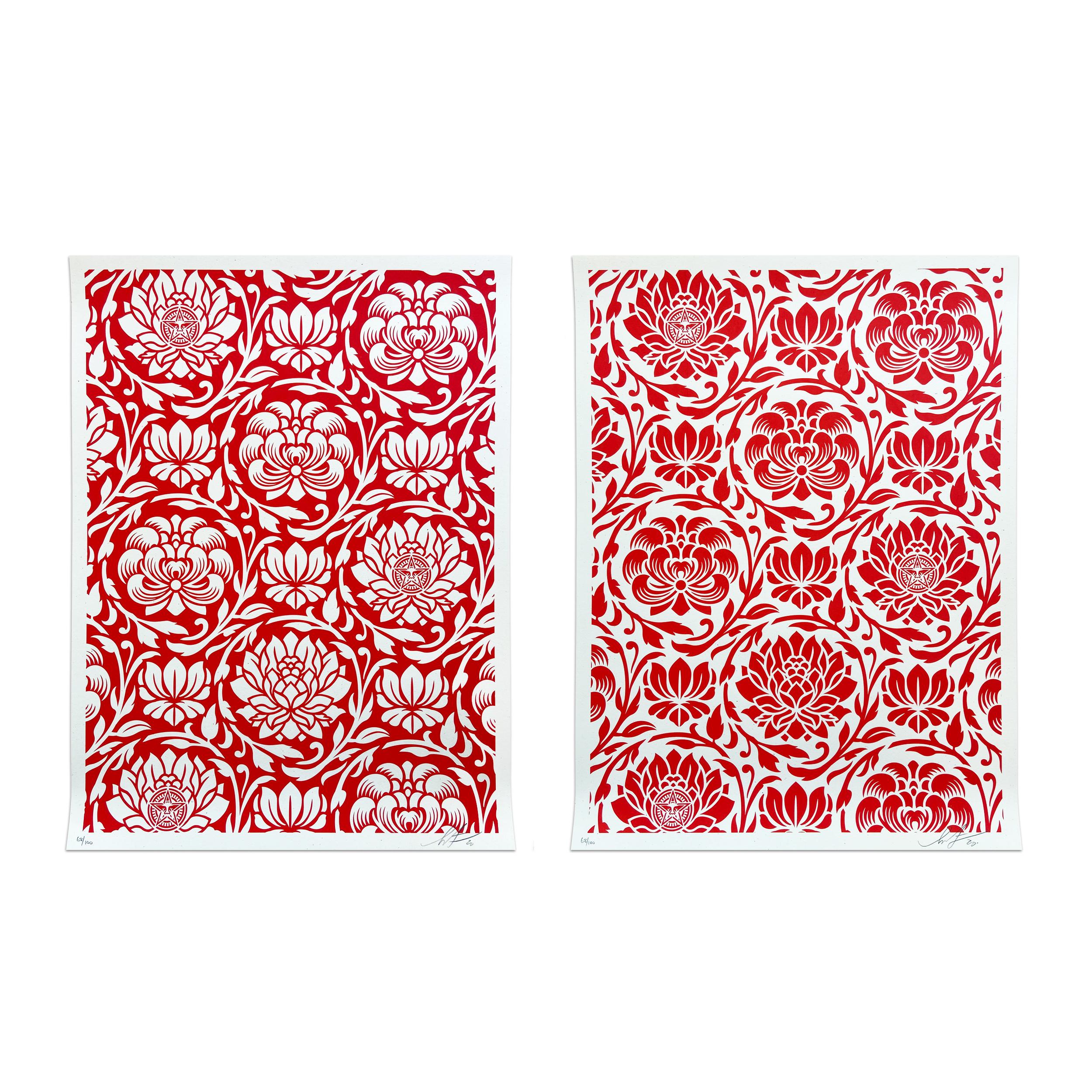 Shepard Fairey Abstract Print - Floral Harmony (Red Yin/Yang), Set of Silkscreens, Street Art, Obey Giant