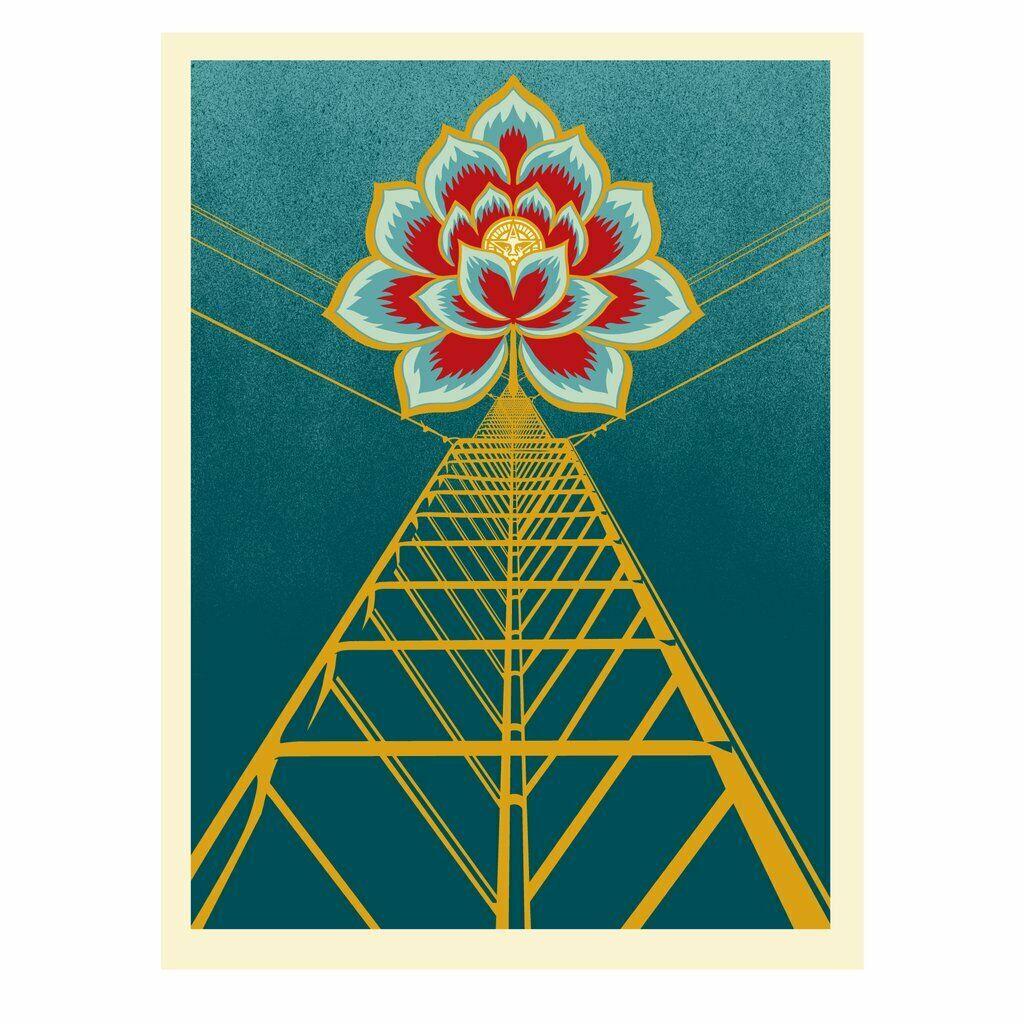 Flower Power Print By Shepard Fairey Singed & Numbered Gold Metallic Inks Obey