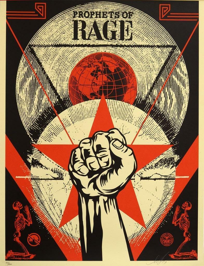 Frank Shepard Fairey (Obey) 
Prophets of Rage
Serigraph/Screen Print on: Speckeltone Paper 
Hand signed and numbered 
Edition of 600 
Paper size: 18 x 24 Inch 
Images size: 18 x 24 Inch
Excellent Condition