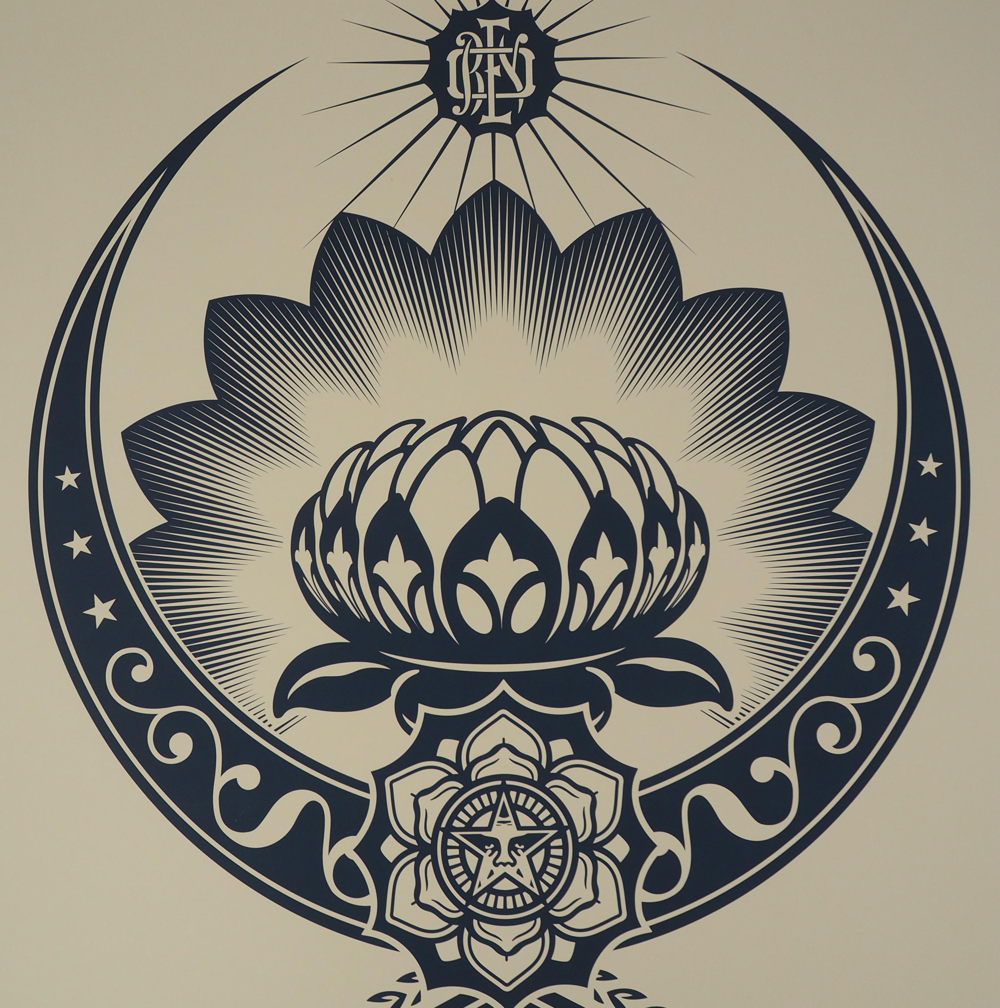 Shepard FAIREY (Obey Giant)
Harmony : The Lotus Flower

Original sceen print
Handsigned in pencil
Authenticated with blind stamp on the artist
Numbered / 89
On vellum 41 x 30 inch (c. 104 x 76 cm)

Comes with Certificate of authenticity of the