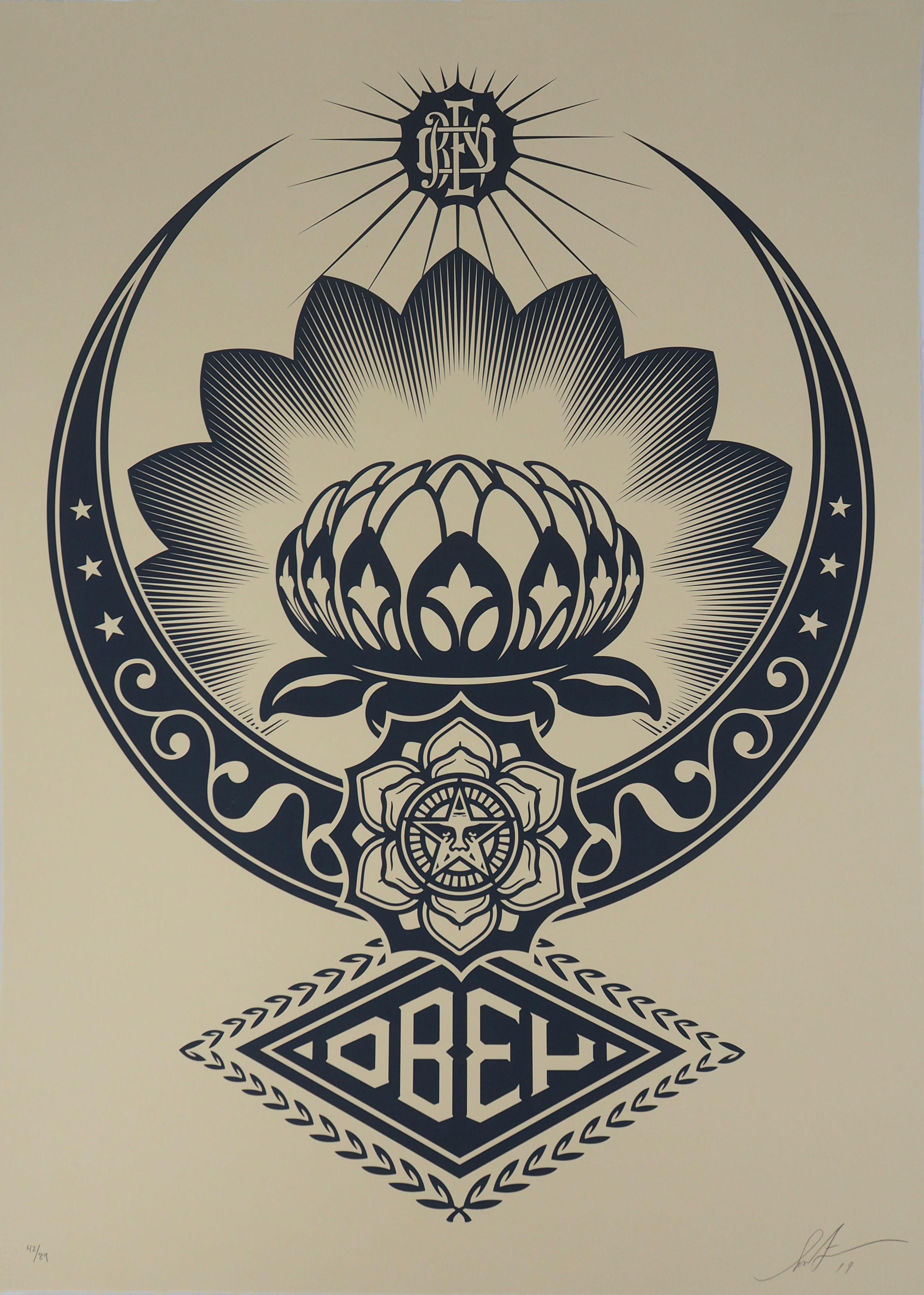 Shepard Fairey Figurative Print – Harmony : Die Lotusblume - Großer Original Siebdruck signiert und nummeriert /89