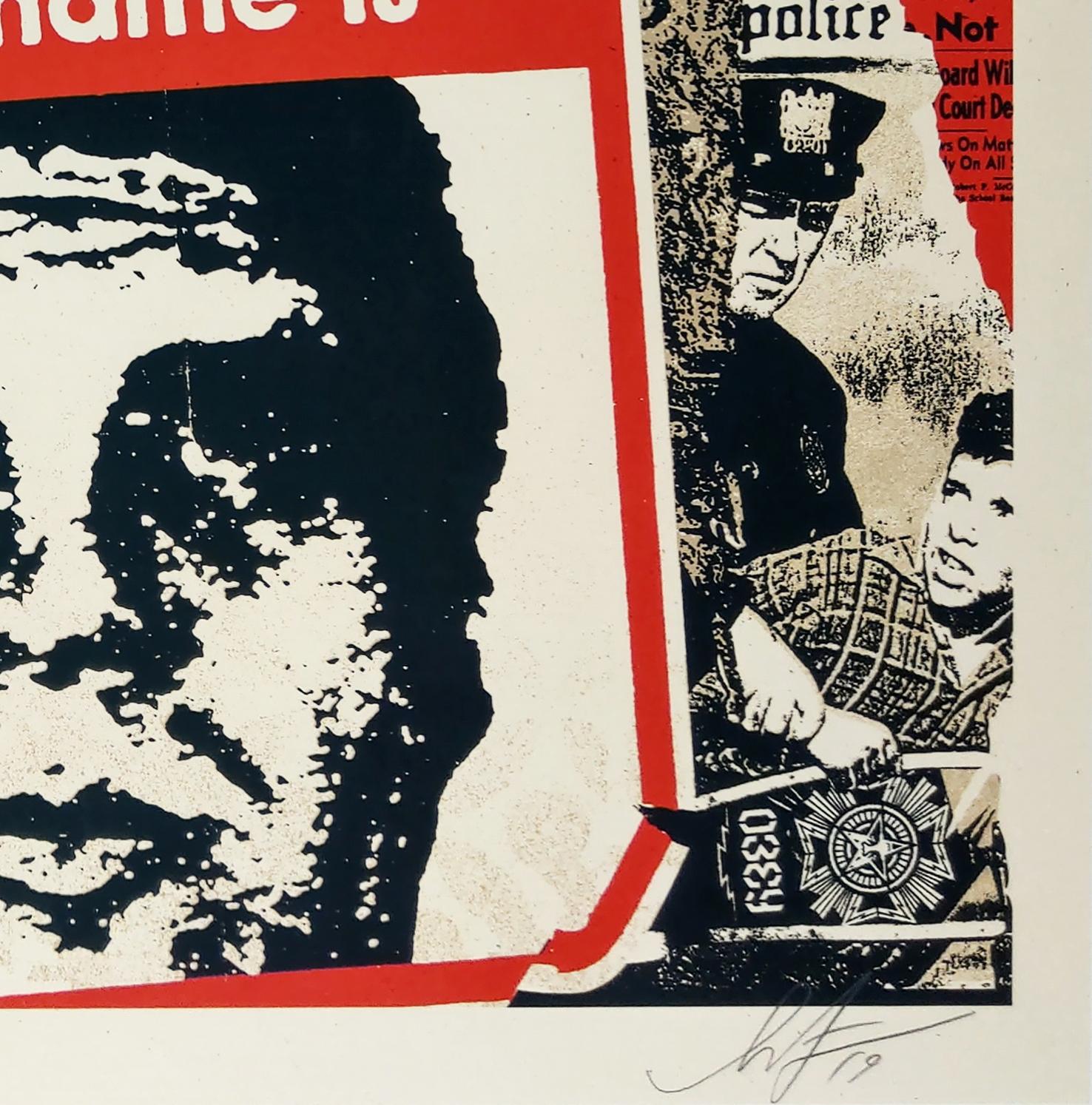 Hello My Name Is. 18 x 24 inches. Screenprint on cream Speckletone Paper. 18 x 24 inches. Signed by Shepard Fairey. Numbered edition of 550.
 
From the Artist - 