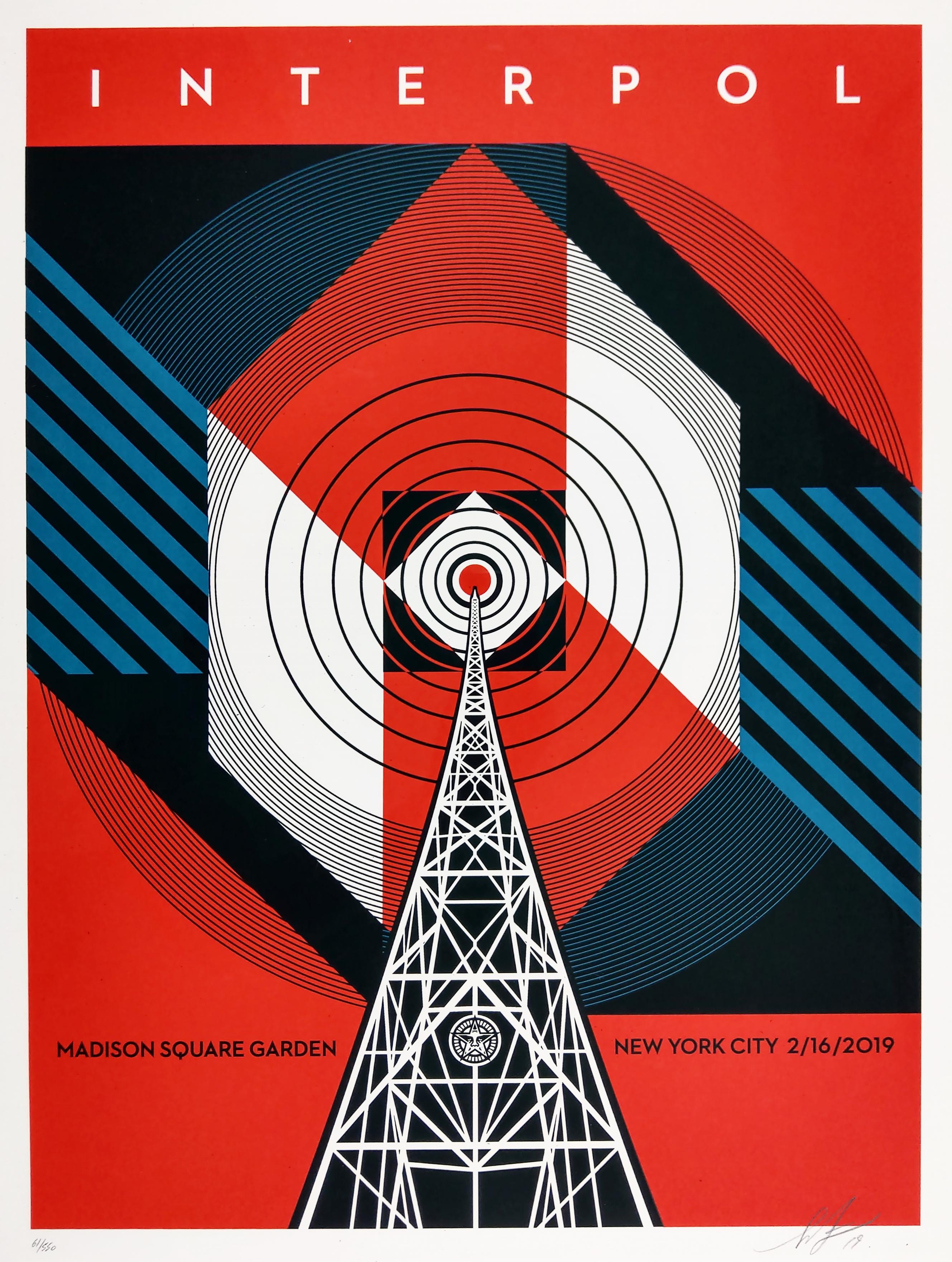 Interpol NYC Calling on True White Speckle Tone paper. 18 x 24 inches. Signed by Shepard Fairey. Numbered edition of 550.  - Shepard Fairey Obey Contemporary Print. 

"Interpol is one of my favorite bands, and I’ve been lucky enough to collaborate