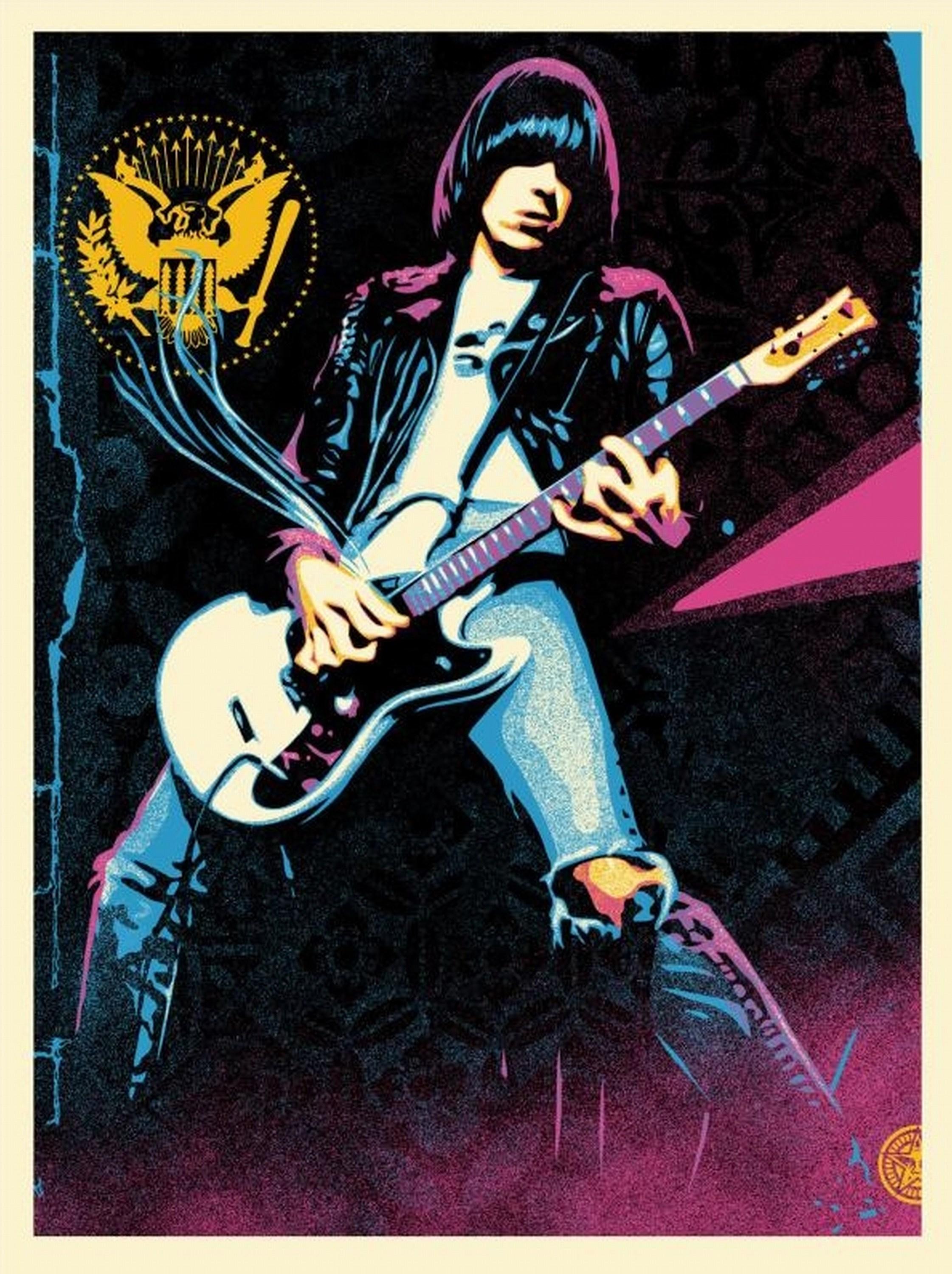 Shepard Fairey Figurative Print - Johnny Ramone Smokin’ Strings (Punk Rock Icon, Legacy, Enduring Influence)