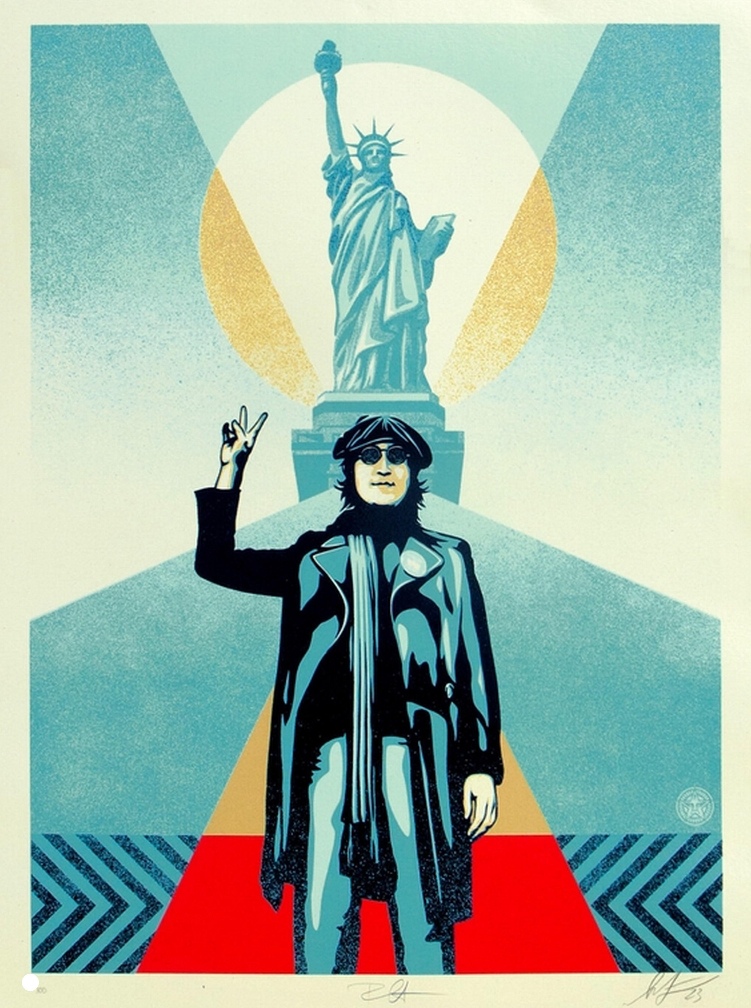 Figurative Print Shepard Fairey - Peace and Liberty de Lennon (bleu) (WAR IS OVER, Peace, Vietnam War, Yoko Ono)