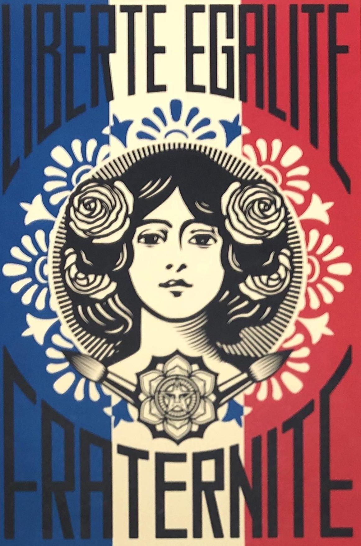 Shepard Fairey  (Obey Giant)
Liberté égalité fraternité (Liberty Equality Fraternity)

Screenprint
Handsigned in pencil by the artist 
Unnumbered proof
Size 90 x 60 cm (c. 35,4 x 23,6 in)

Excellent condition