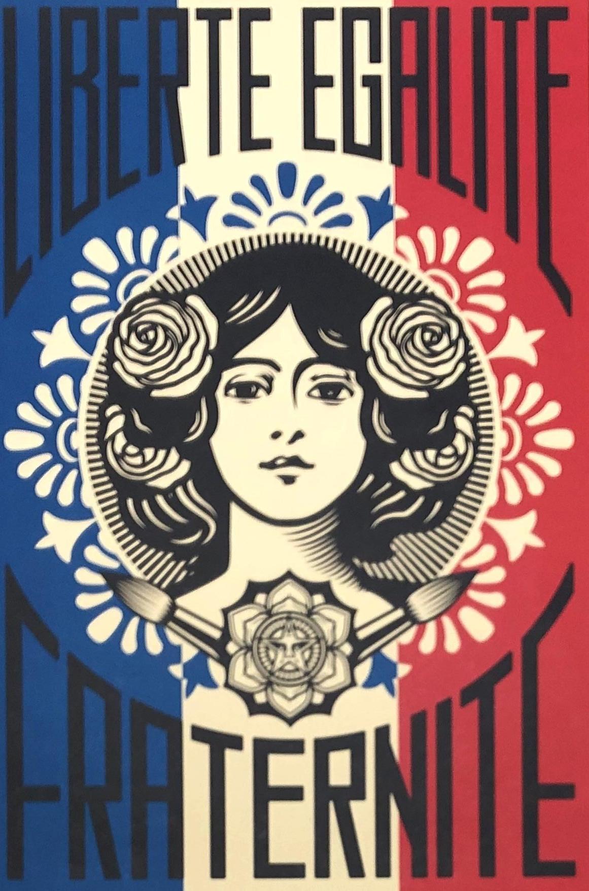 Liberté Egalité Fraternité France - Screenprint Handsigned - Black Interior Print by Shepard Fairey