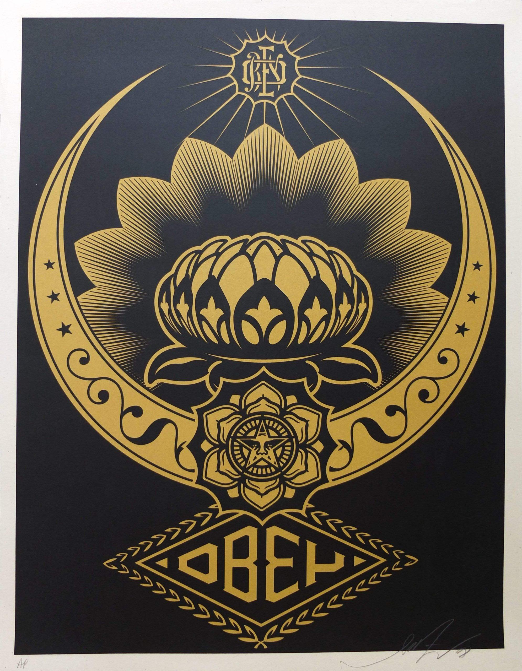Shepard Fairey Figurative Print - Lotus Ornament – Gold/Black (AP)