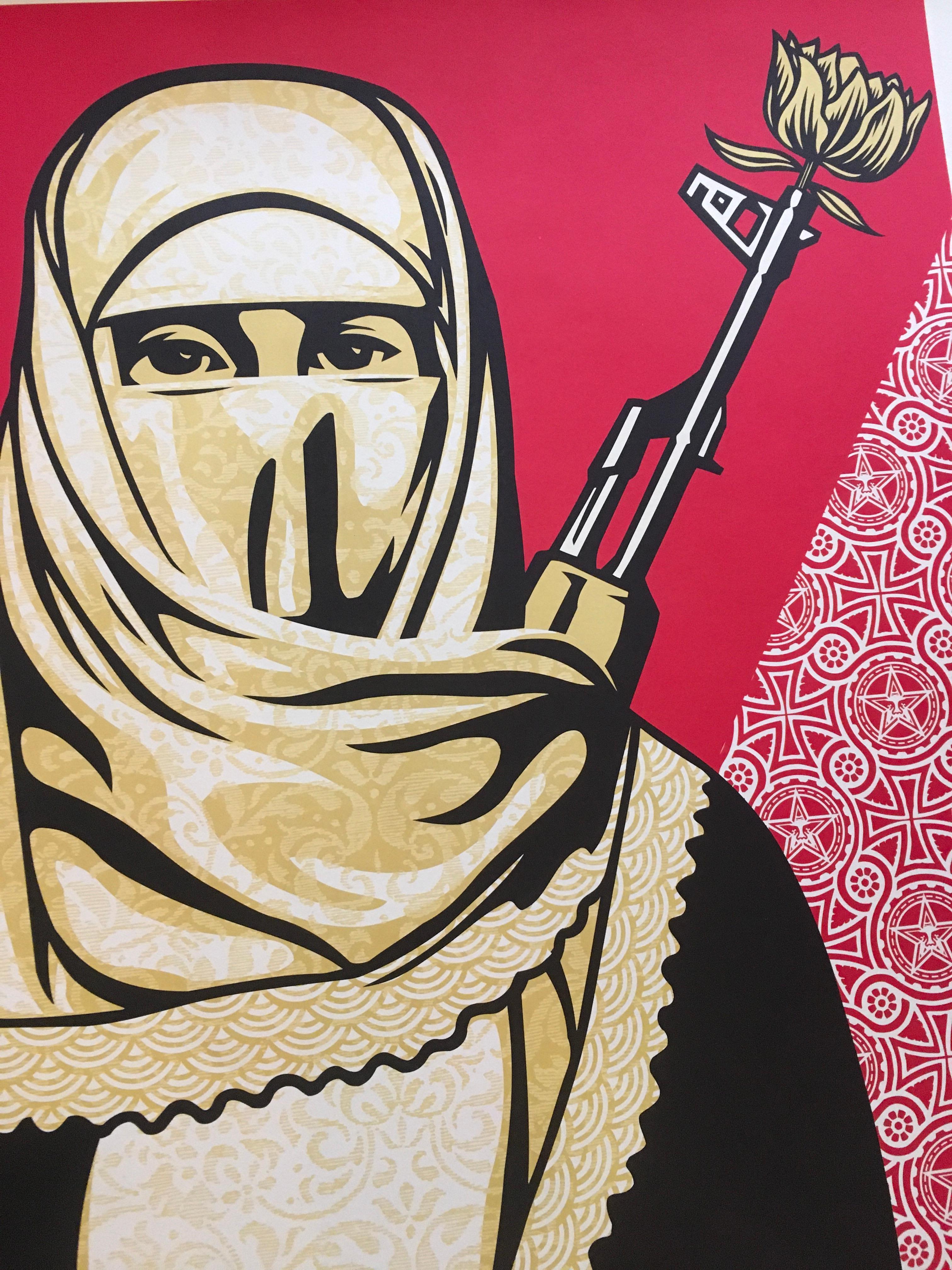 'Muslim Woman' by Shepard Fairey, 2005
24 x 36 inches (61 x 91,4 cm)
Offset Lithograph on  Fine Art Paper.
Limited edition of 750 (AP)
Hand-signed and dated in pencil by Shepard Fairey. Signature and date appear on the bottom right, the number on