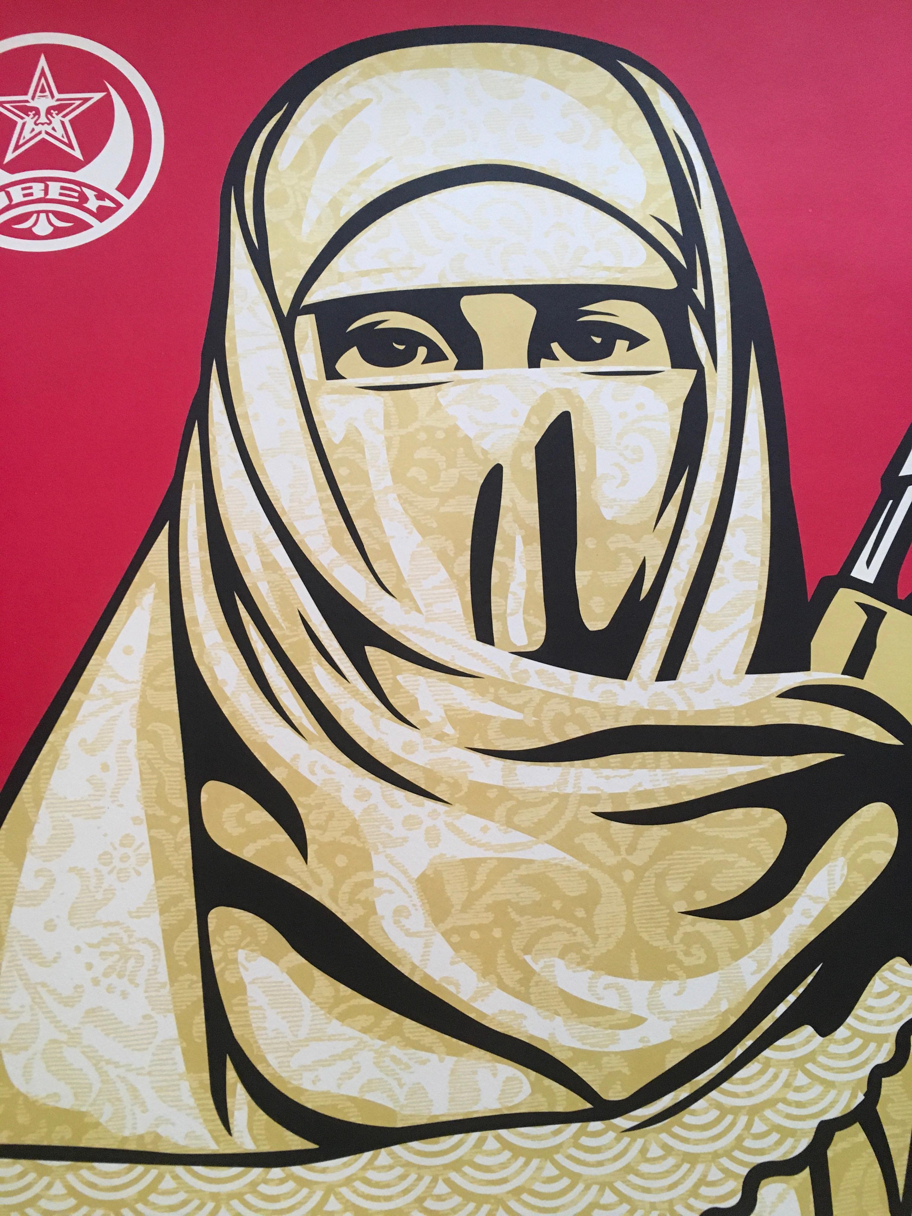 'Muslim Woman' by Shepard Fairey, 2005
24 x 36 inches (61 x 91,4 cm)
Offset Lithograph on  Fine Art Paper.
Limited edition of 750 (AP)
Hand-signed and dated in pencil by Shepard Fairey. Signature and date appear on the bottom right, the number on