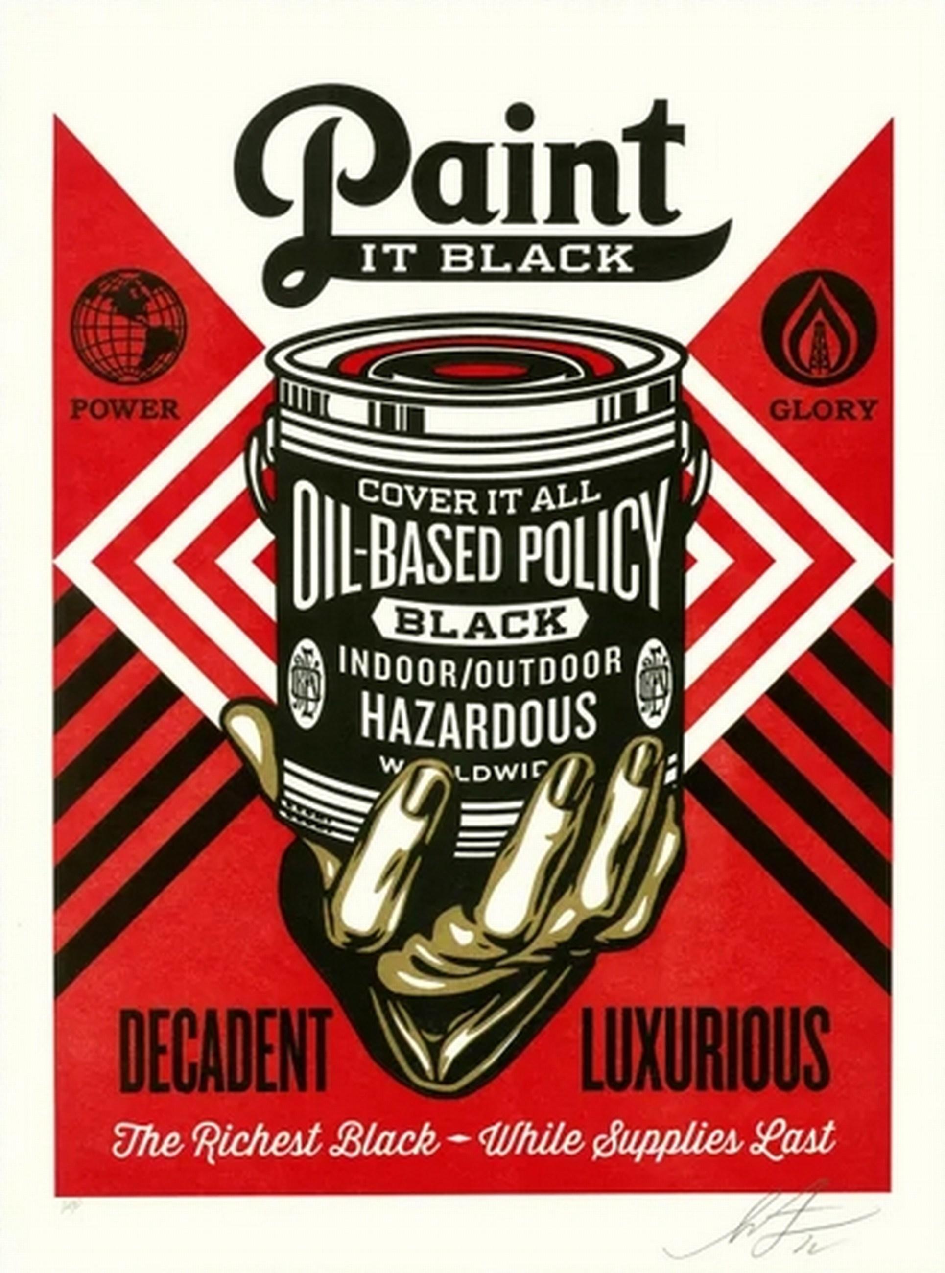 Shepard Fairey Figurative Print - Paint it Black Letterpress (Rolling Stones, Oil Industry, Energy Policy)