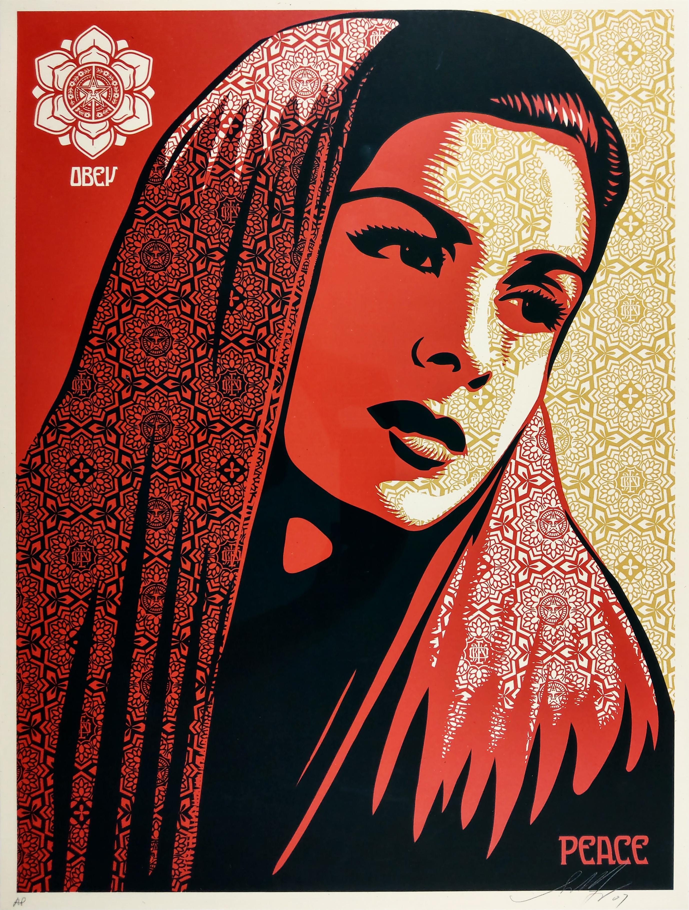 Prueba de Artista, (AP) aparte de la edición estándar de 300 
PEACE MUJER, Serigrafía sobre papel de 18 x 24 pulgadas de 2007
Firmado abajo a la derecha
Publicado por Obey Giant, Los Angeles

Shepard Fairey es una de las principales influencias del