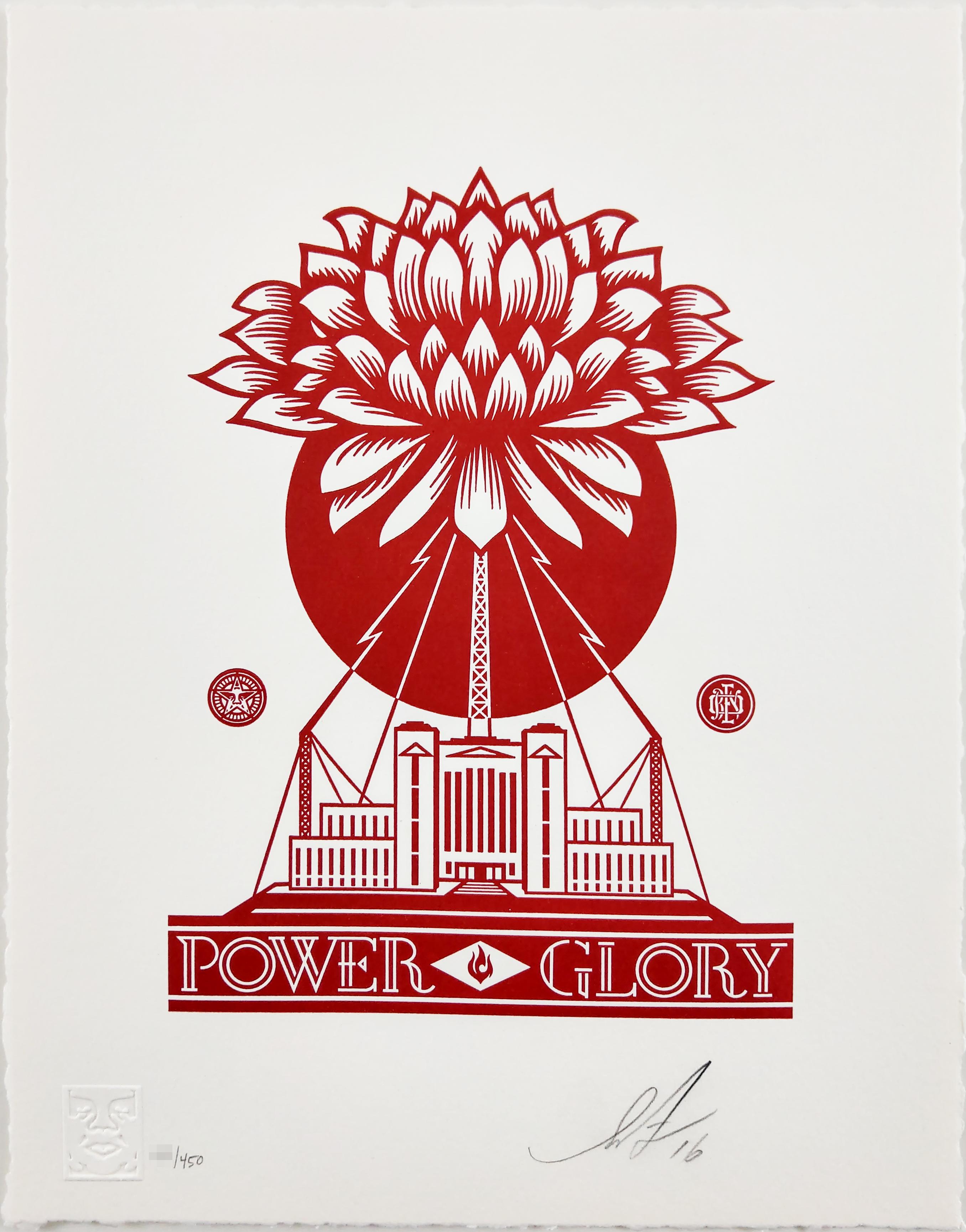 Power and Glory Buchdruck auf Archivpapier aus 100 % Baumwolle mit gebrochenen Kanten. Signierte und nummerierte Auflage von 450 Stück. 10 cm x 13 cm. OBEY Veröffentlichung von Kürzungen in der unteren linken Ecke.

Shepard Fairey gehört neben