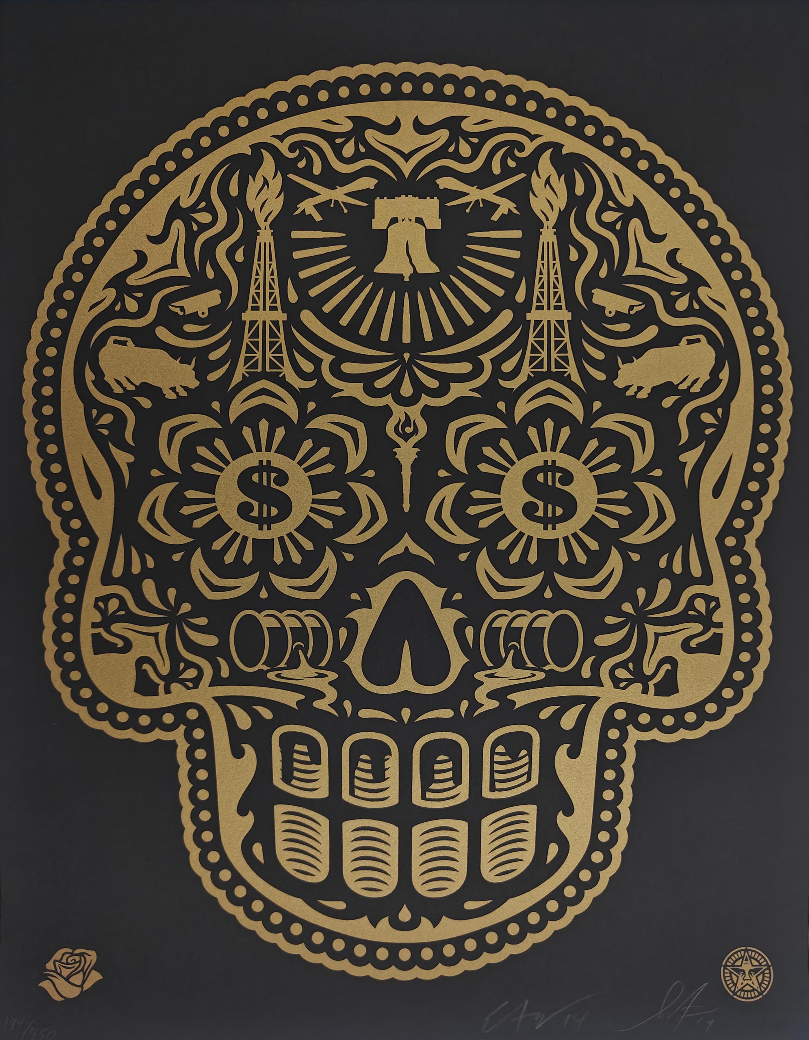 Power & Glory Day Of The Dead Skull (GOLD)
Screen Print
18 x 24 inches
Edition of 450
2014

194/500

From Shepard - "The Power & Glory Day of the Dead Skull is my second collaboration with Ernesto Yerena on a Day of theDead skull. Our first skull