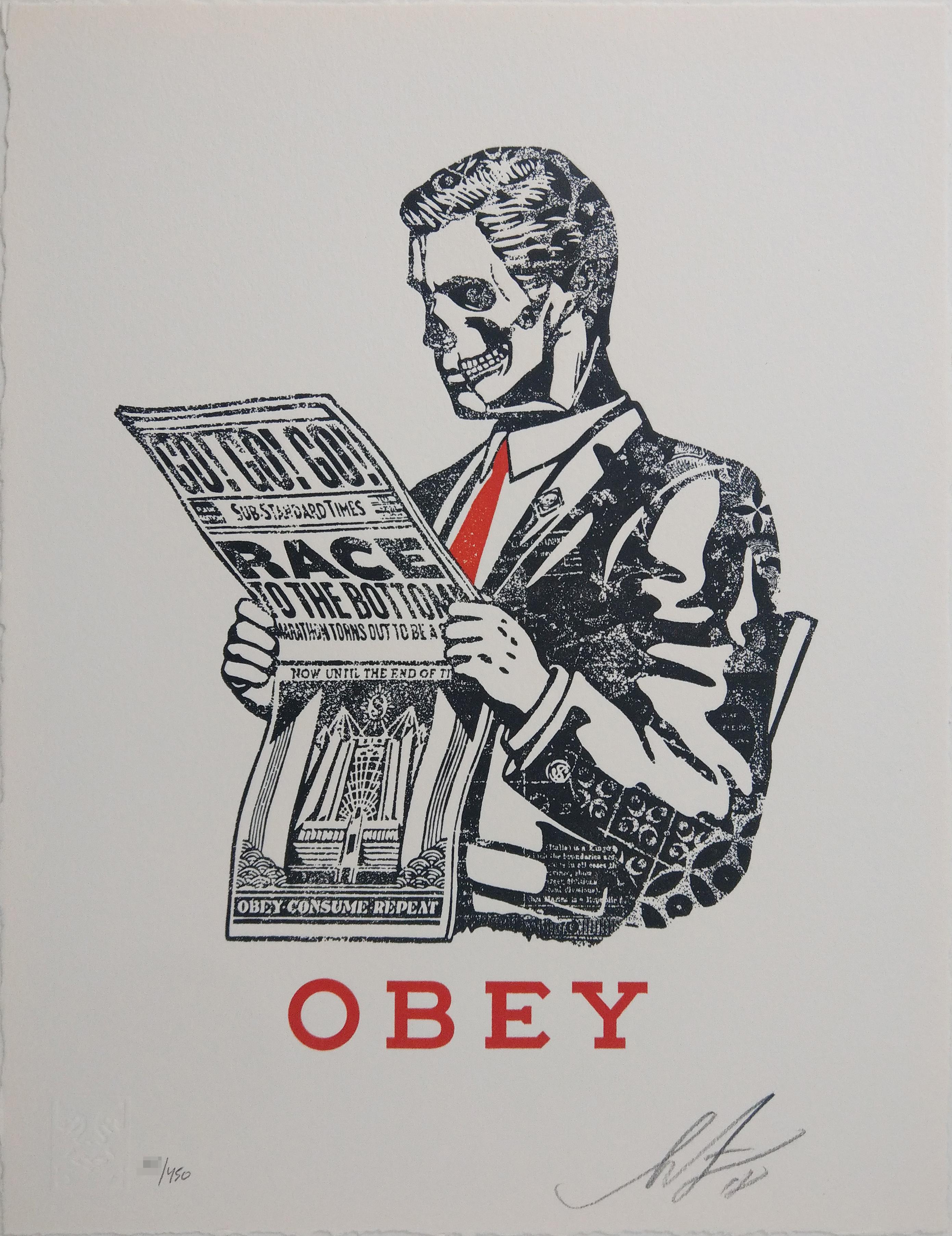 Race to the Bottom Letterpress on 100% cotton archival paper with deckled edges. Signed and numbered edition of 450. 10 inches by 13 inches. OBEY publishing chop on bottom left corner.

"When I was creating my Damaged art show, the largest show of