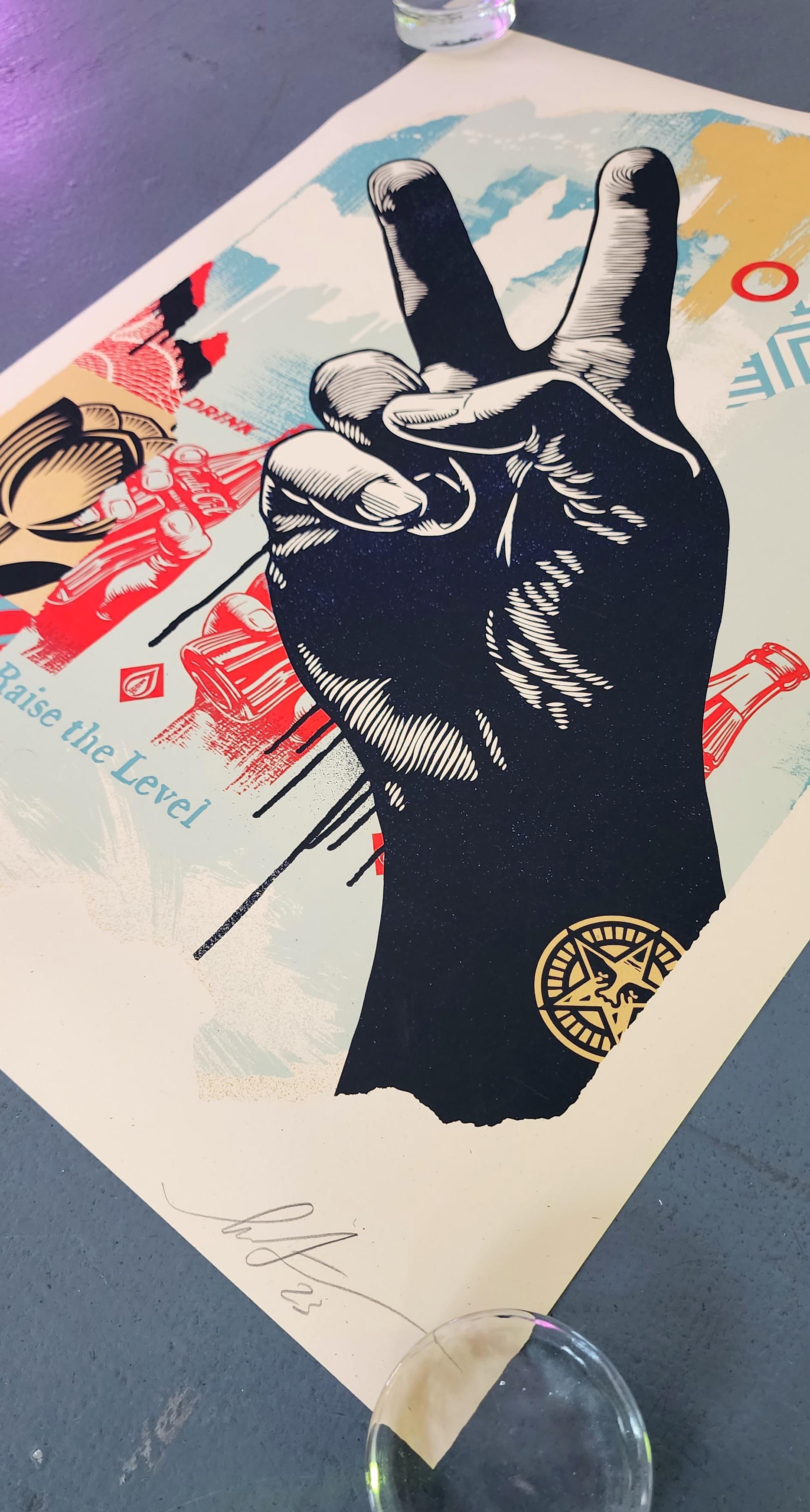 Shepard Fairey
Raise the Level (Peace) (Harmony, Straat Museum, Painterly, Diplomacy over Conflict)
Screenprint on thick cream Speckletone paper
Year: 2023
Size: 18x24 inches
Edition: 550
Signed, dated and numbered by hand 
COA provided
Ref.: