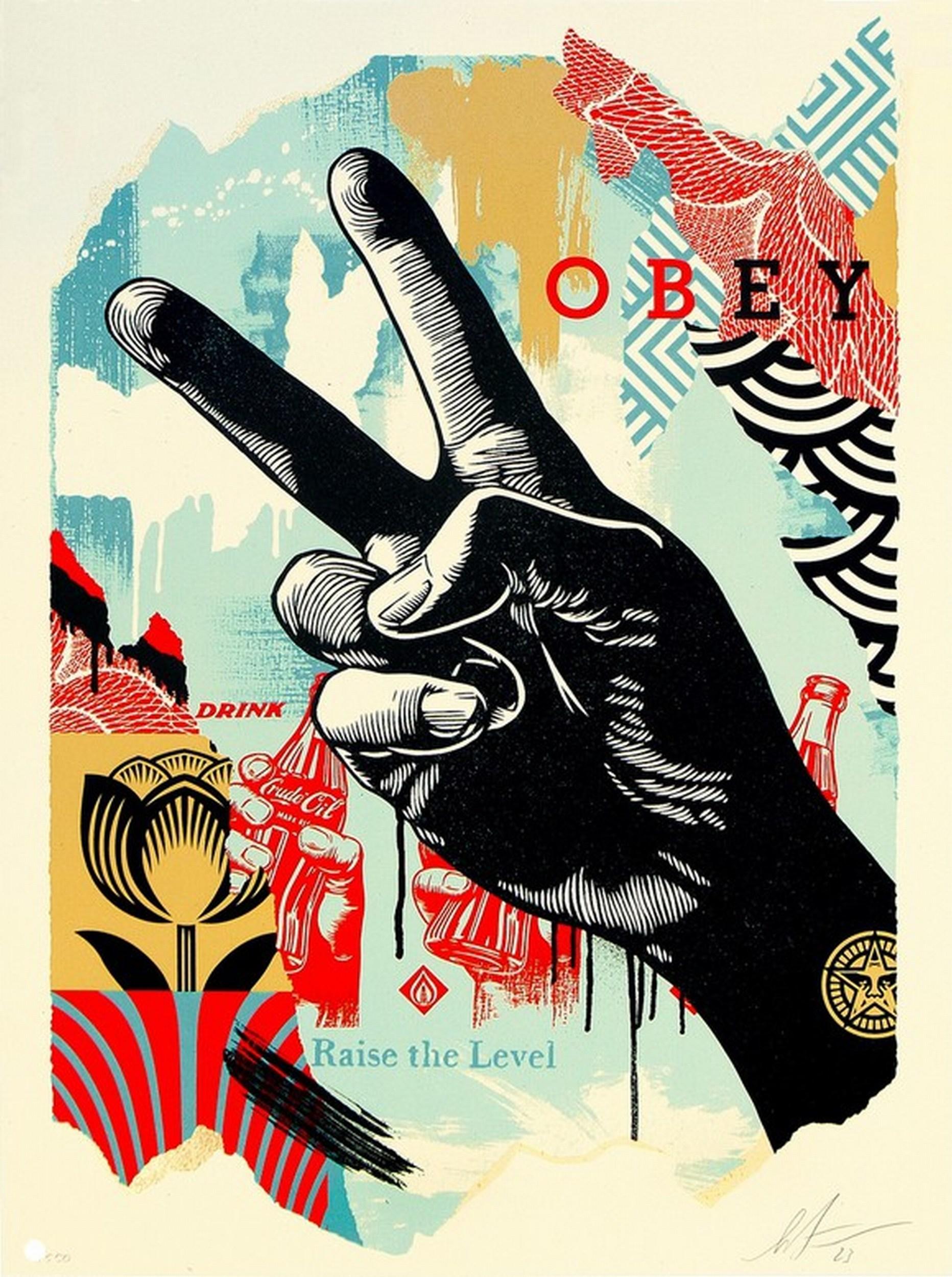 Shepard Fairey Figurative Print - Raise the Level (Peace) (Harmony, Straat Museum, Painterly, Diplomacy, Conflict)