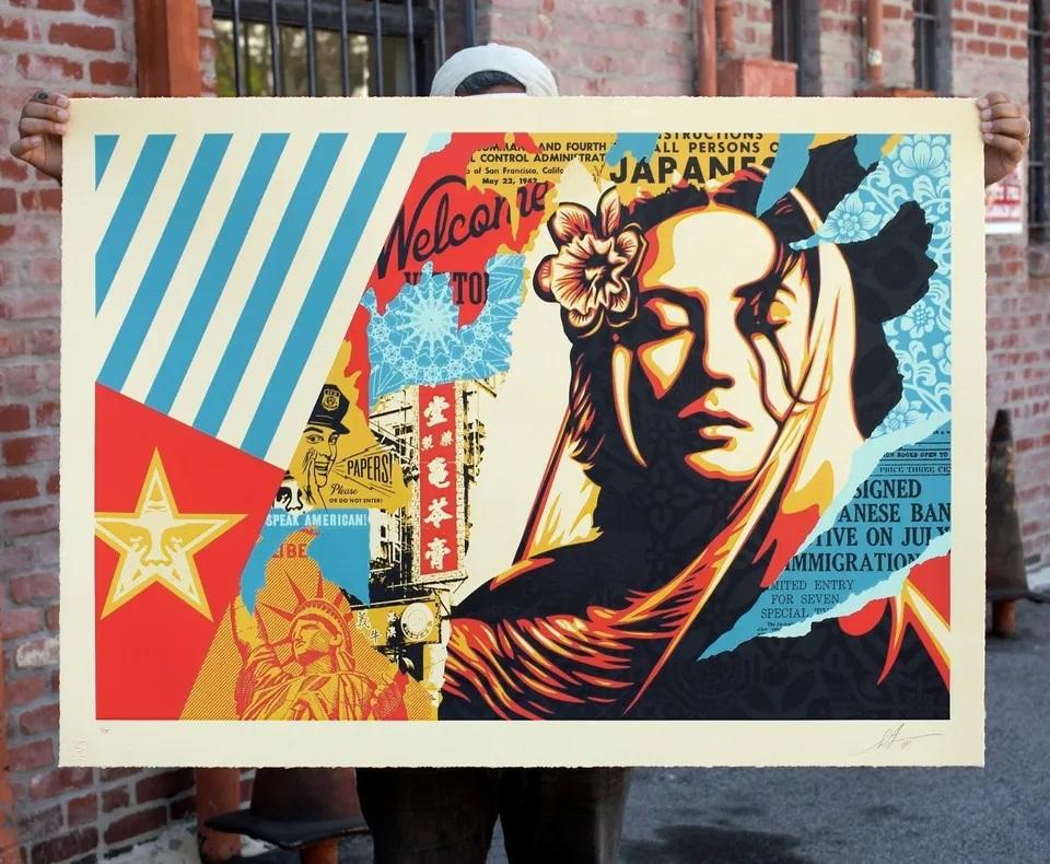 The “Welcome Visitor” diptych is a thought-provoking exploration of the contradictions inherent in America's tourism industry and its immigration policies. Through this striking artwork, Shepard Fairey delves into the uncomfortable collision of