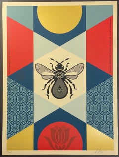 Shepard Fairey Bee Geometric Gold Fine Art Screenprint Blue Contemporary Street