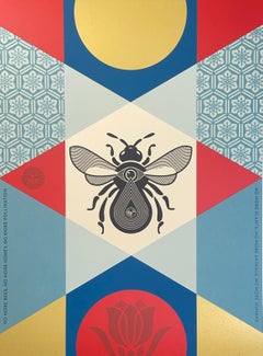 Shepard Fairey Bee Geometric Gold Fine Art Screenprint Red Contemporary Street