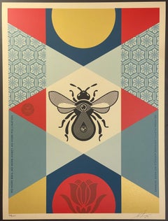 Shepard Fairey Abeja Geométrica Oro Bellas Artes Serigrafía Rojo Calle Contemporáneo