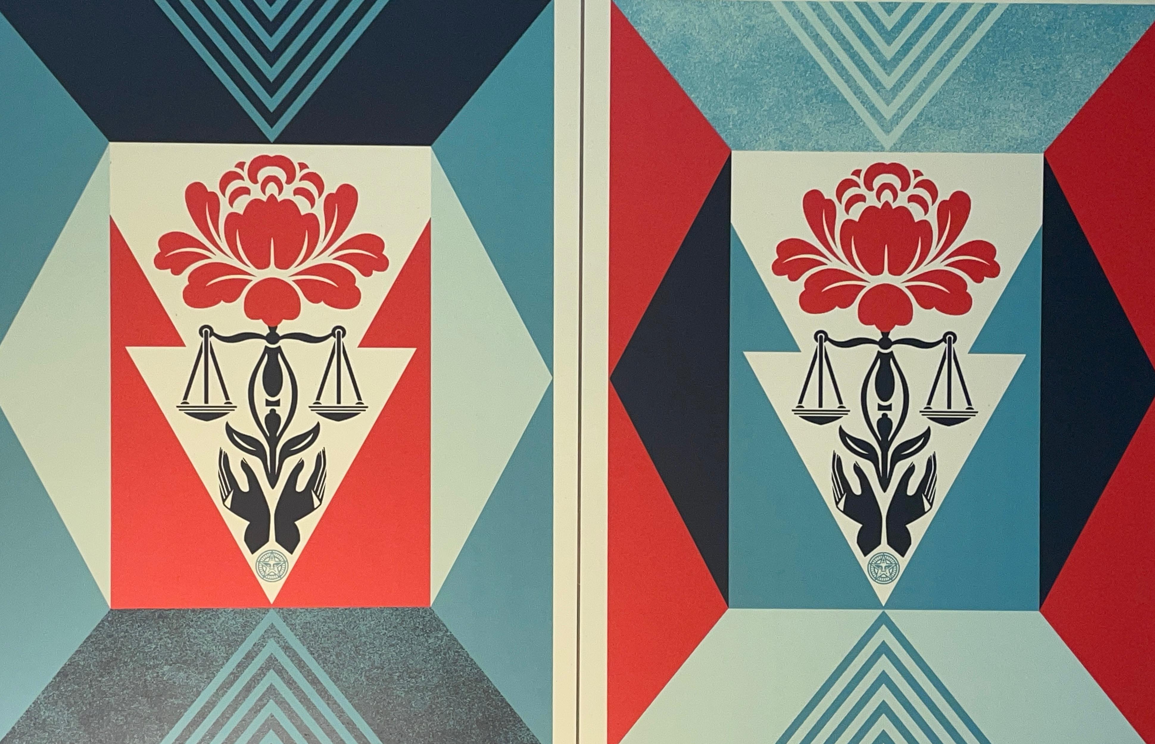 Shepard Fairey „Cultivate Justice“ Blaues & rotes Diptychon, nummeriertes Set  im Angebot 1