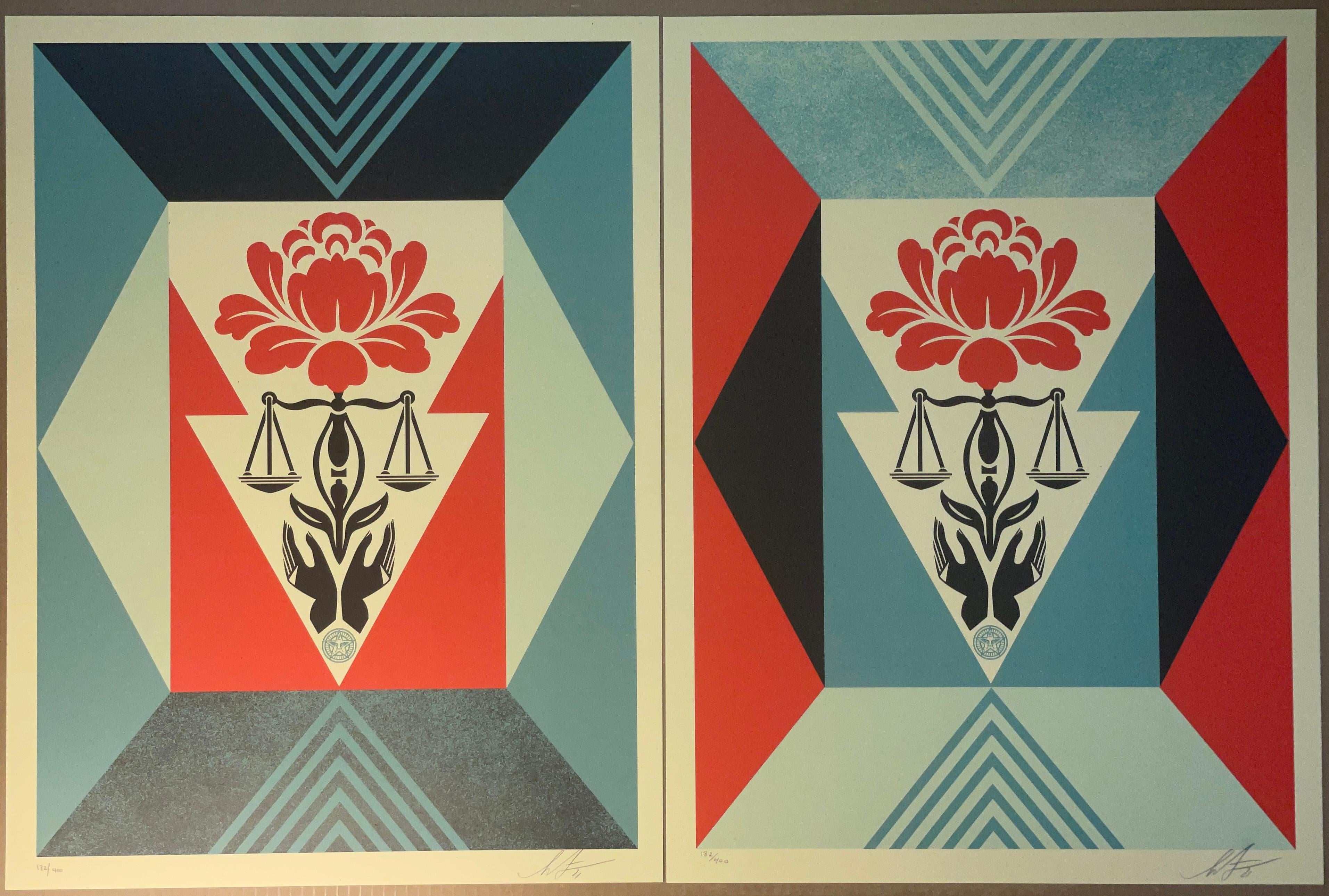 Shepard Fairey „Cultivate Justice“ Blaues & rotes Diptychon, nummeriertes Set 