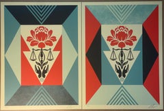 Shepard Fairey "Cultivate Justice" Blue & Red Diptych Matching Numbered Set 