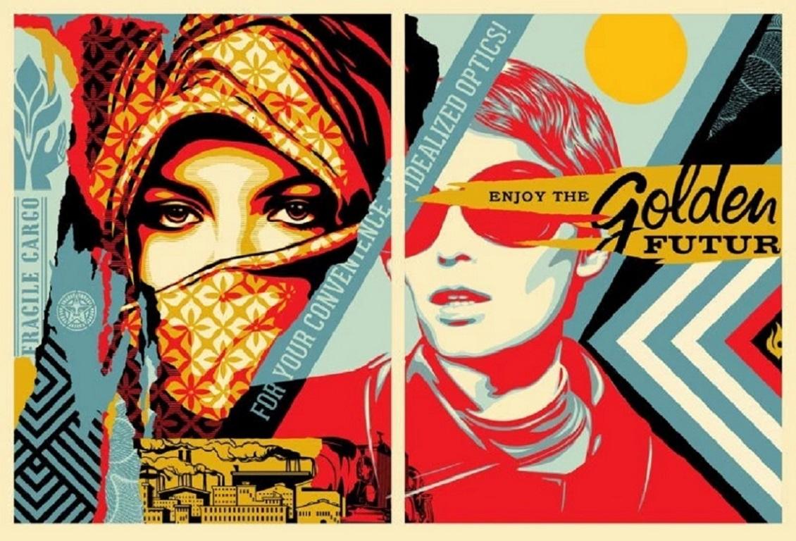 Diptych Screen Print Set – Signed & Numbered Limited Edition

Golden Future for Some
Shepard Fairey
Screen print on Cream Speckle Tone fine art paper
Metallic gold ink
Limited edition of 28 of 450 (Matching Set)
Hand-signed and numbered by the