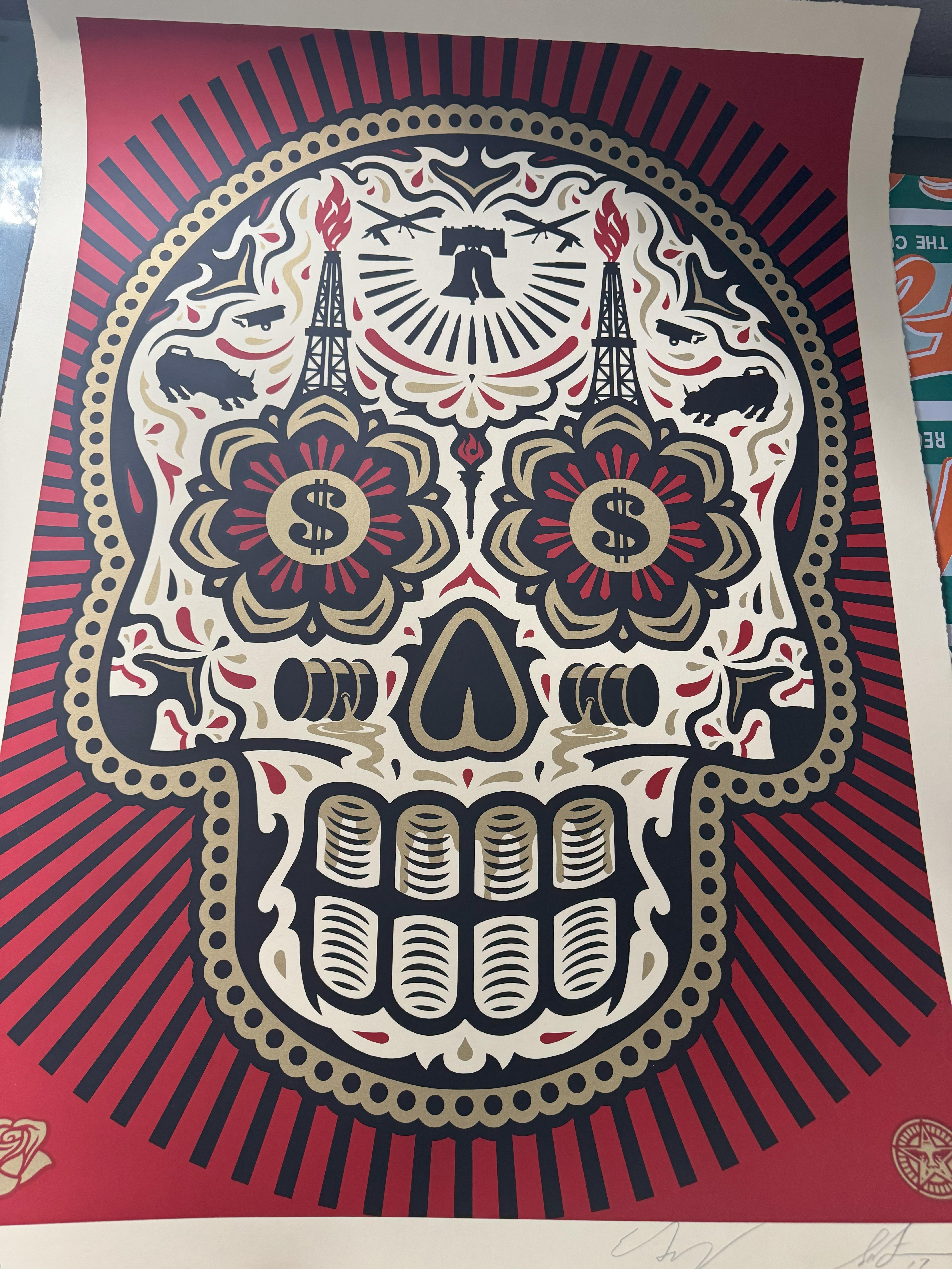 Shepard Fairey Ernesto Yerena Power Glory Skull Red Gold Stampa di grande formato Ed75 in vendita 1