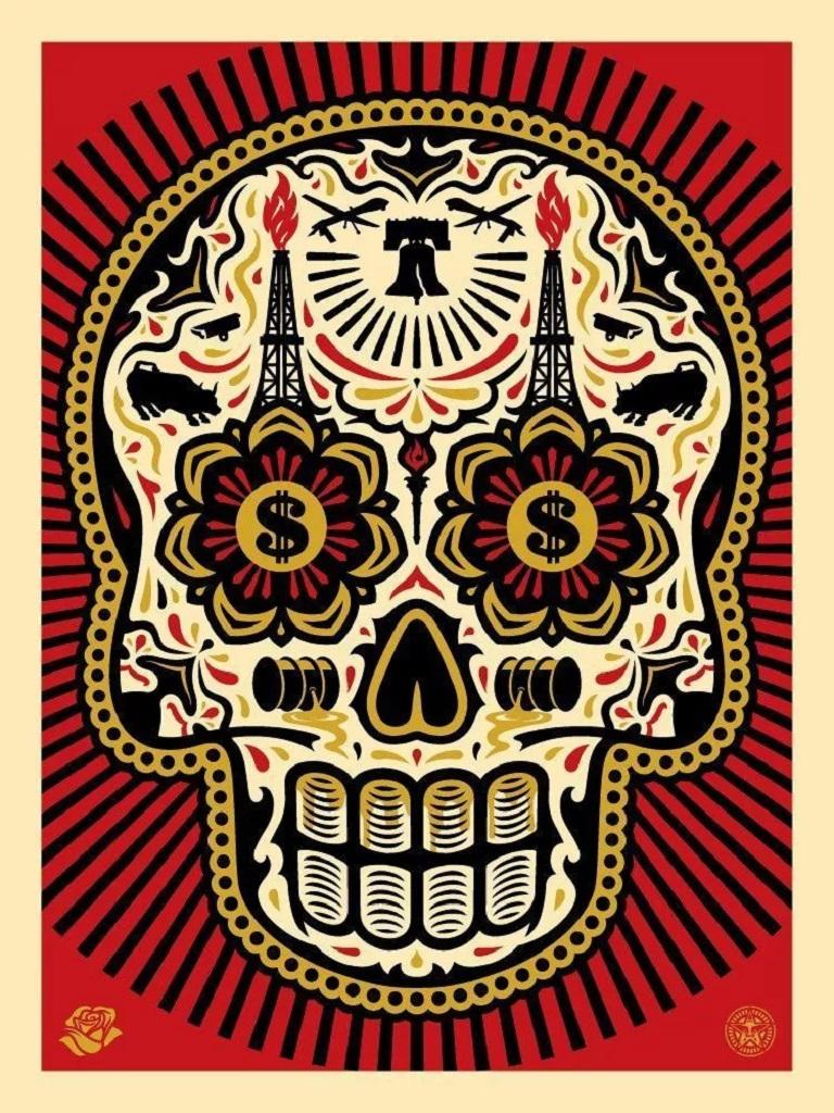 Shepard Fairey Ernesto Yerena Power Glory Totenkopf Rot Gold Großformatdruck Ed75