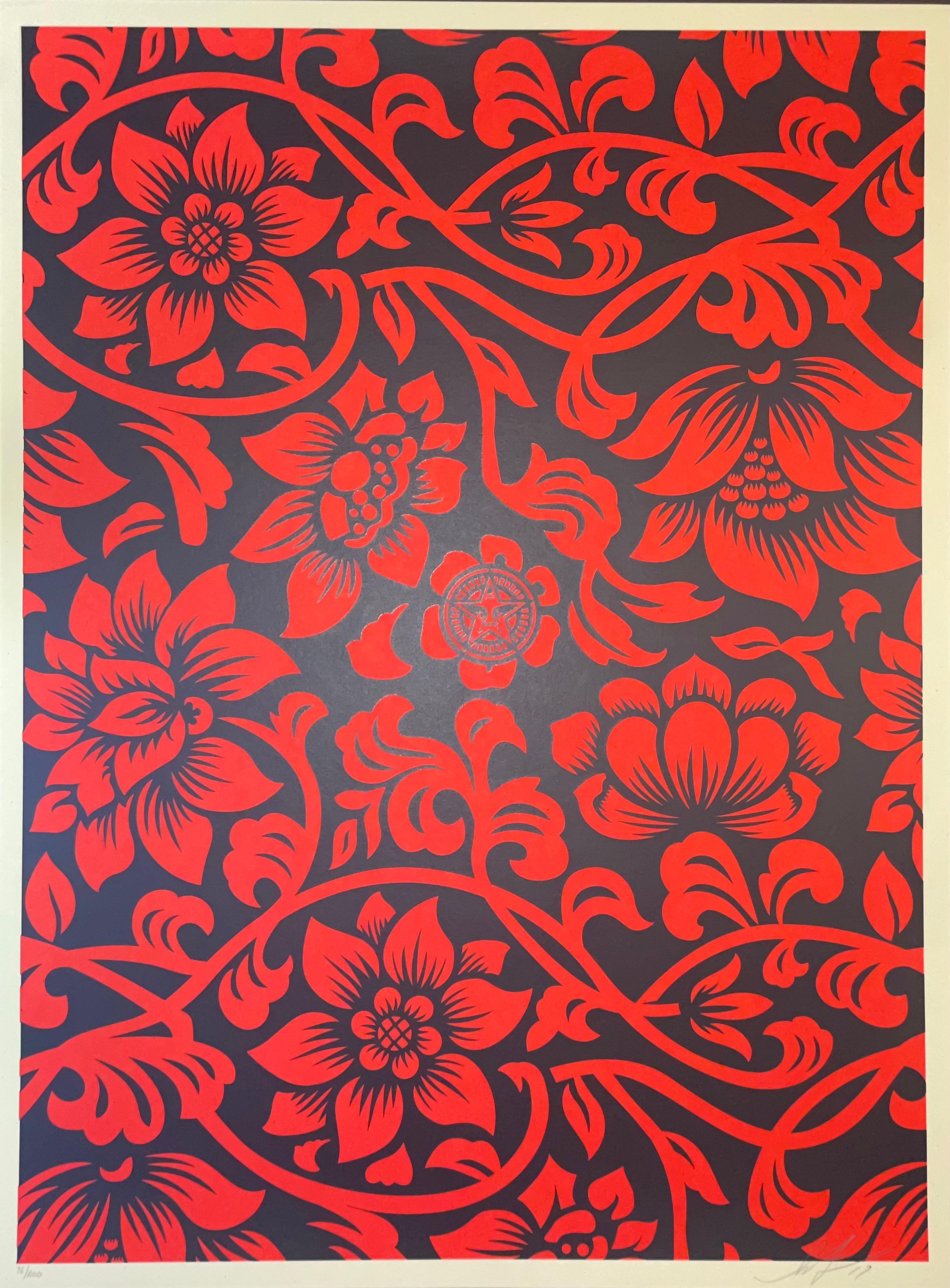 Shepard Fairey Fine Art Silkscreen Print "Floral Takeover" Red & Black Urban Art