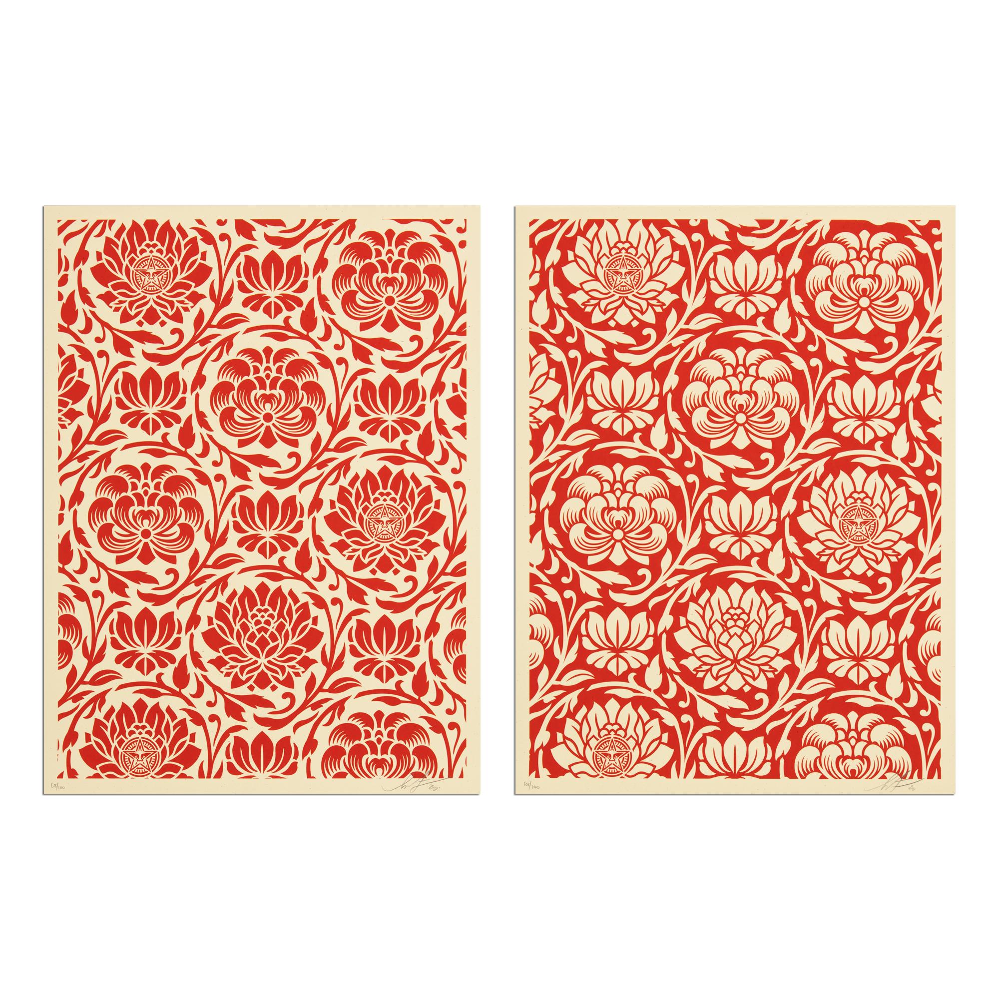 Shepard Fairey (American, b. 1970)
Floral Harmony (Red Yin/Yang), 2020
Medium: 2 screenprints on paper
Dimensions: each 24 x 18 in (61 x 46 cm)
Edition of 100: Each hand signed and numbered in pencil
Condition: Mint