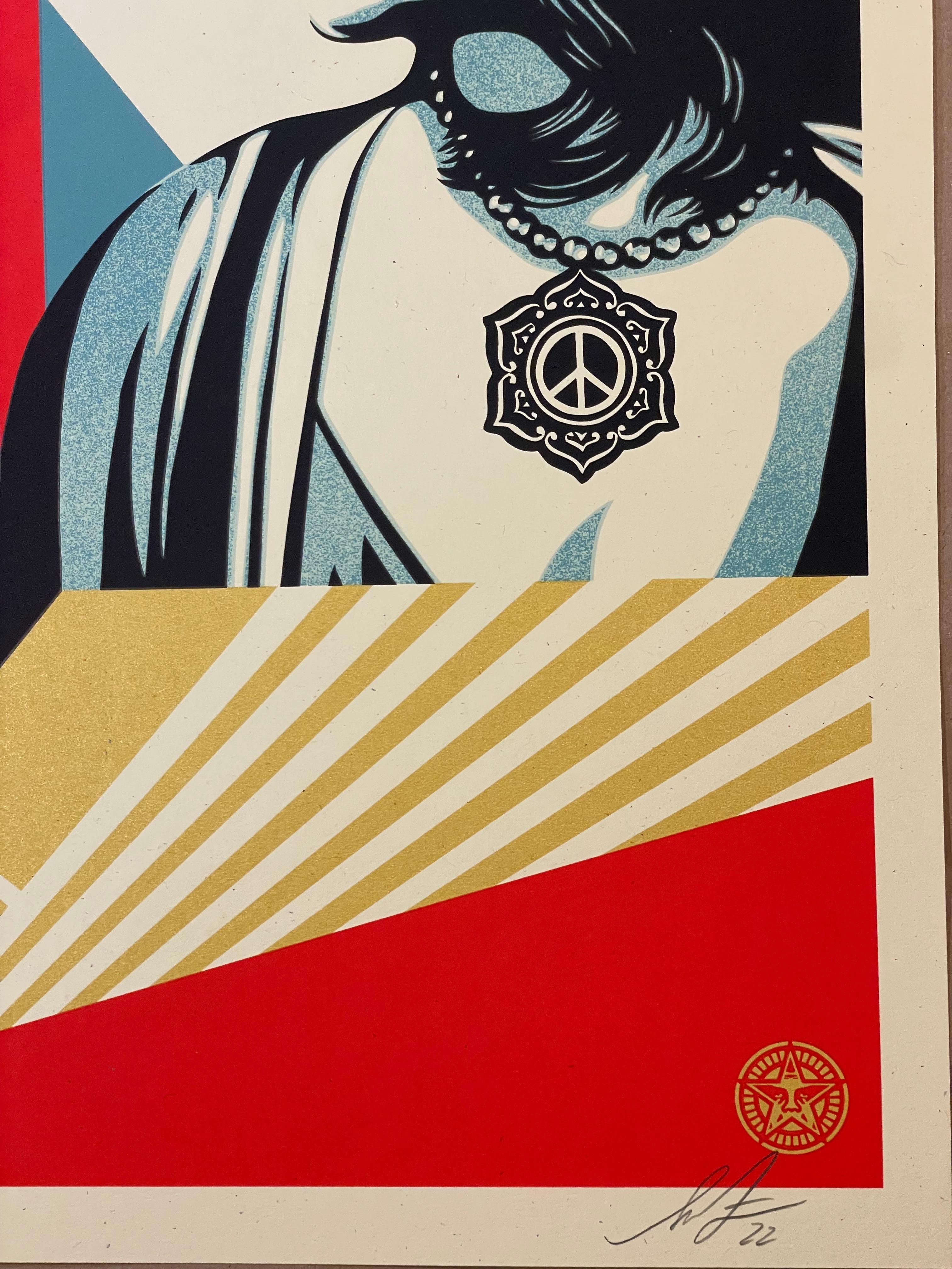 Manufacturer:
Obey Giant
Edition Details:
Status:	Official
Edition Run:	650
Technique:	Screen Print
Paper:	Fine Art Thick Cream Speckletone with gold metallic inks 
Size:	18 X 24
Markings:	Signed & Numbered

This print is numbered 637/650 and is