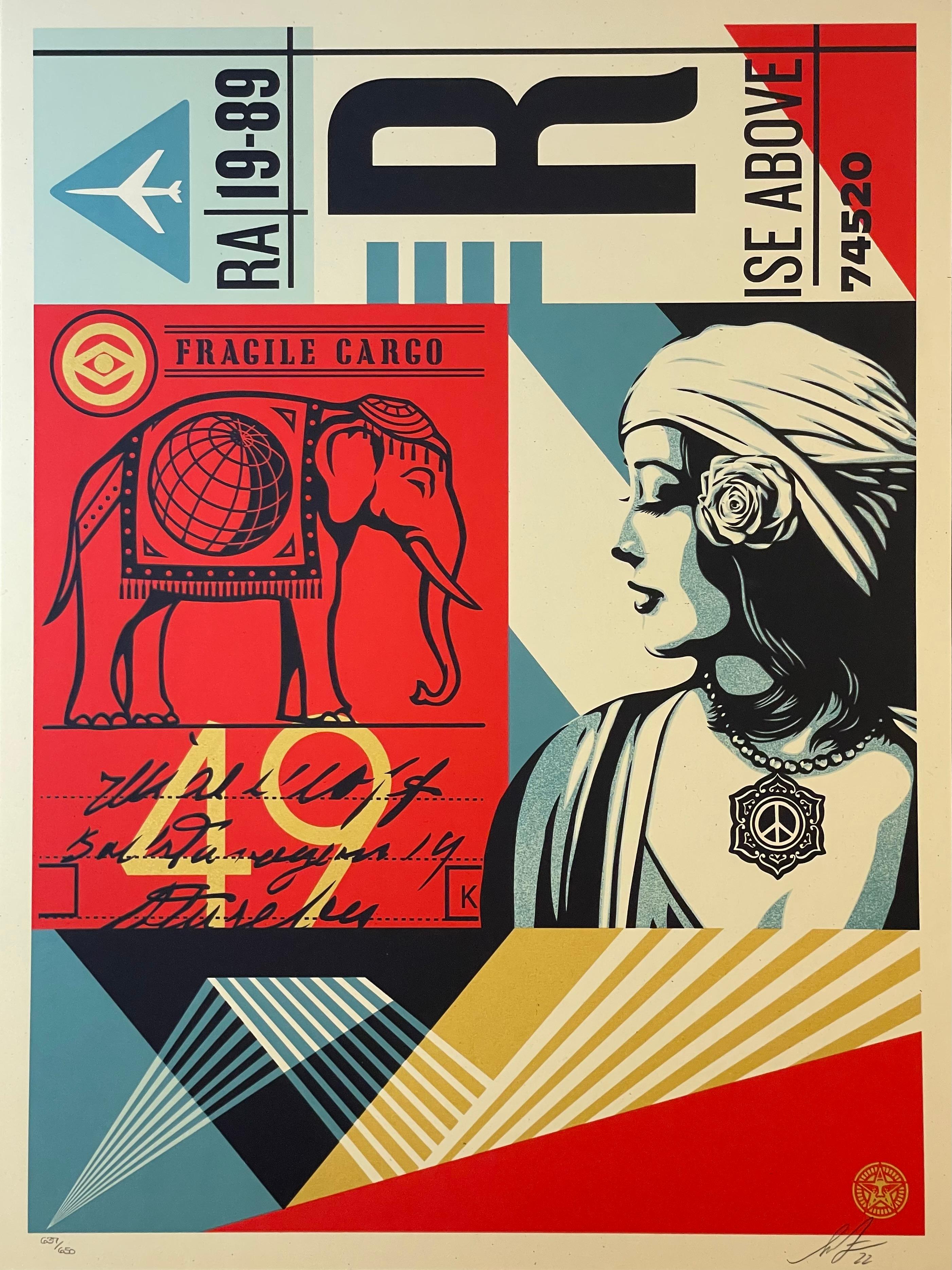 Écran d'impression d'éléphant de cargaison Fragile Shepard Fairey Contemporary Art Signé 