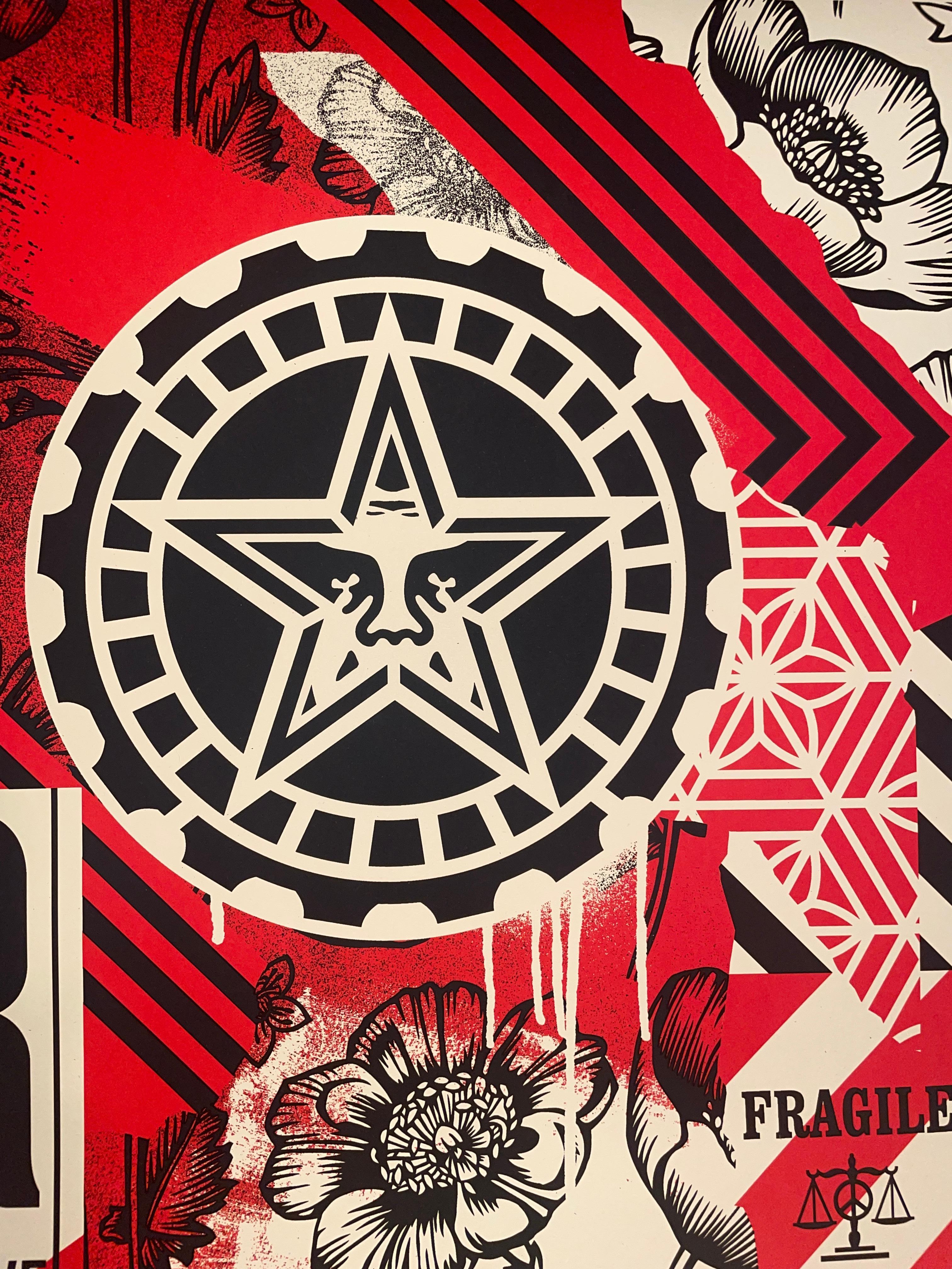 Shepard Fairey Sérigraphie Gears Of Justice Rouge Art de rue contemporain Obey en vente 6
