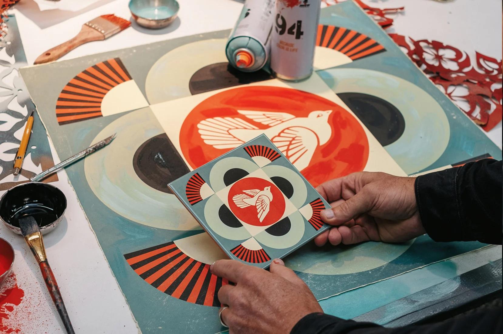 SHEPARD FAIREY - GEOMETRIC DOVE (BLUE TILE), urban art, tile, craft - Street Art Print by Shepard Fairey