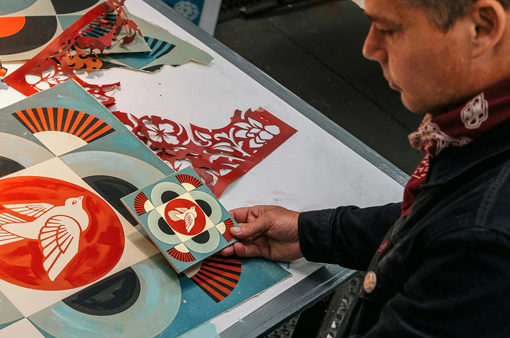 SHEPARD FAIREY - GEOMETRIC DOVE (BLUE TILE), urban art, tile, craft For Sale 1