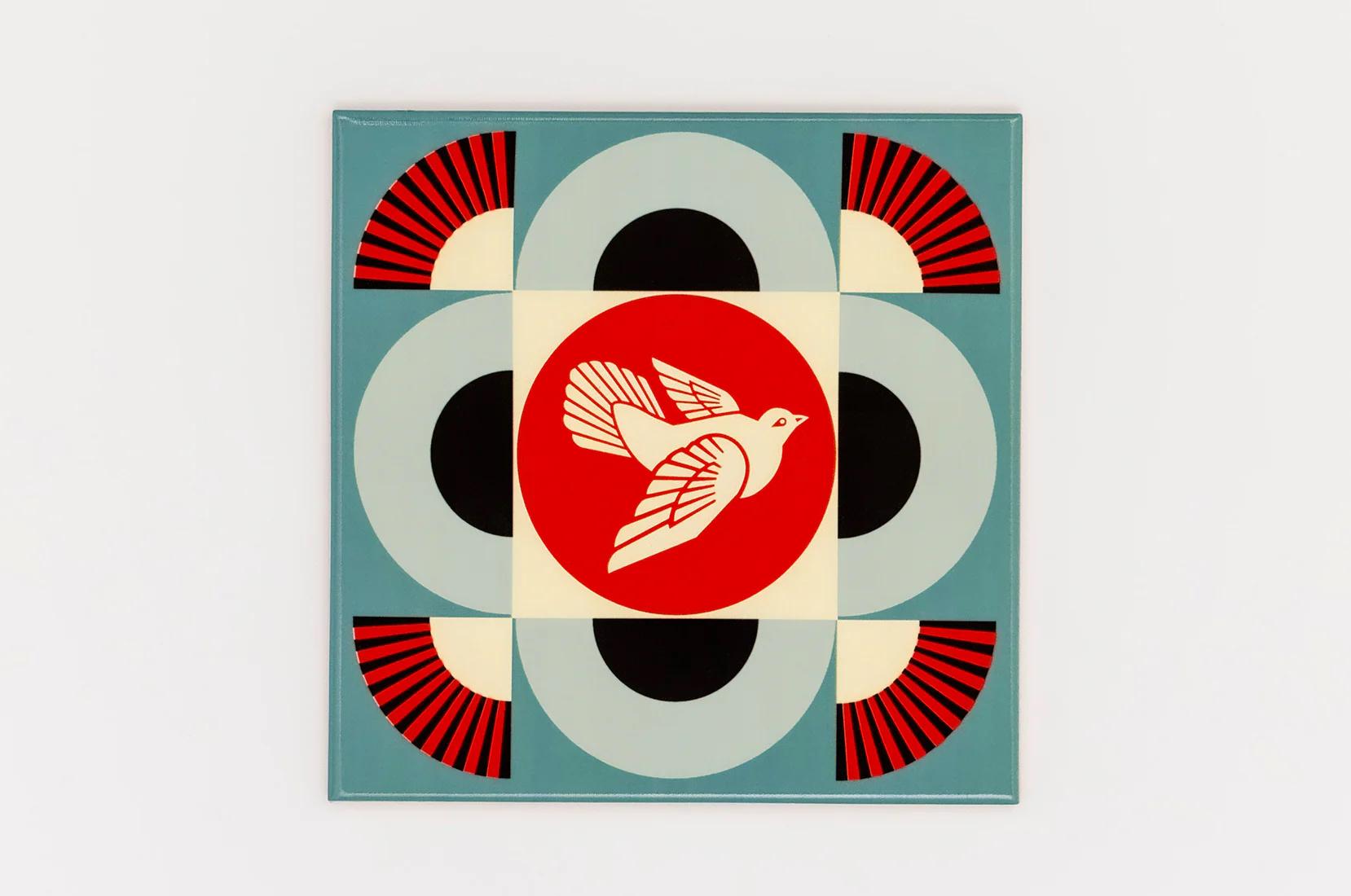 Shepard Fairey Figurative Print - SHEPARD FAIREY - GEOMETRIC DOVE (BLUE TILE), urban art, tile, craft