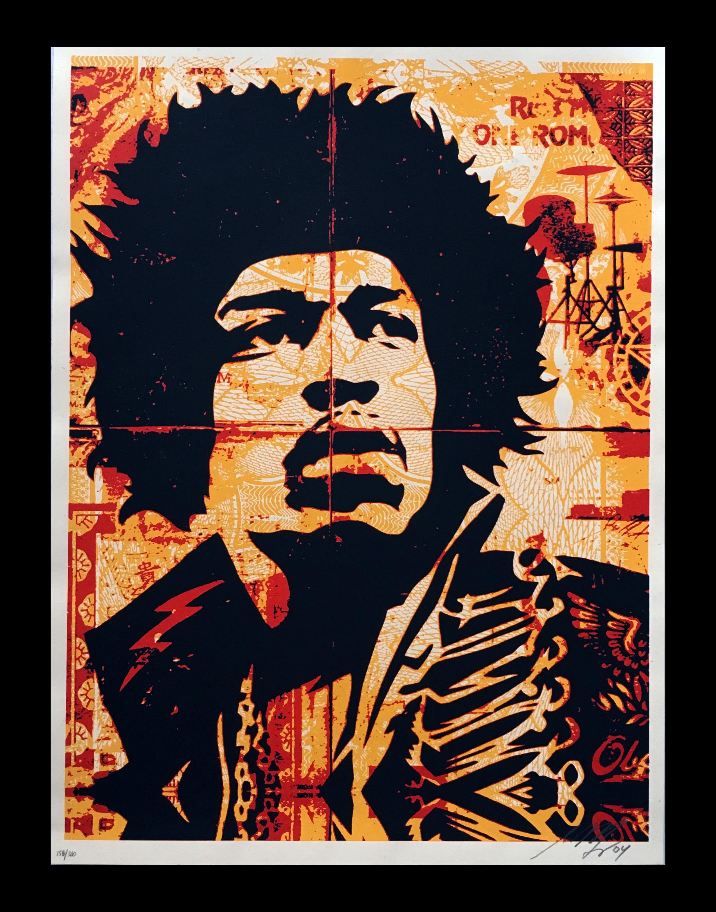 Shepard Fairey Hendrix screen-print, 2004

Screen Print; 2004
18 x 24 inches
Edition of 300 (158/300)
Excellent condition with the exception of some very minor traces of handling. Stored flat in an archival setting. 
Signed, numbered, and dated in