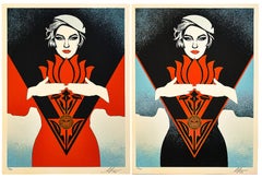 Shepard Fairey Noir Flower Woman, Matching numbers Screenprint Set, Red & Blue