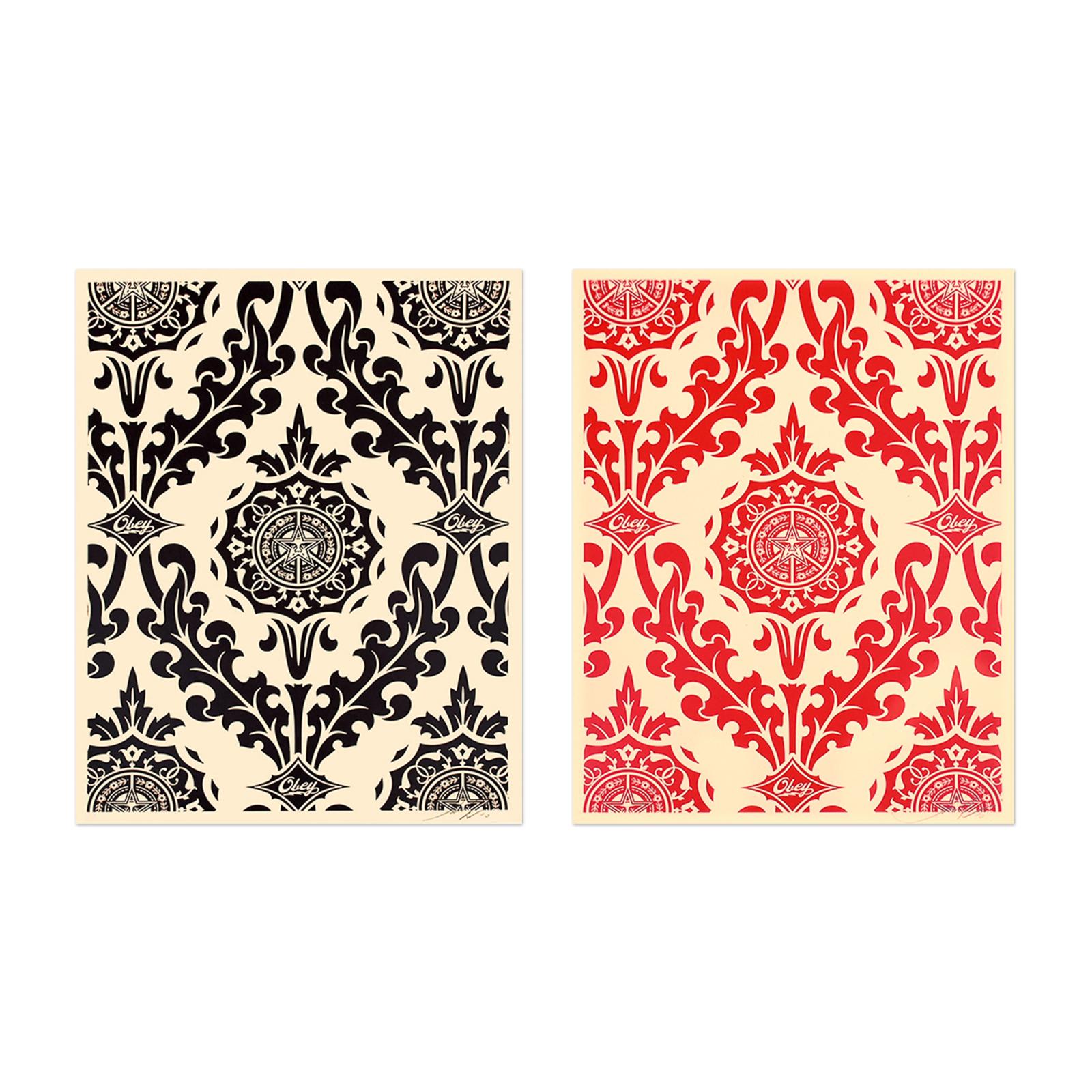 Shepard Fairey (American, b. 1970)
Parlor Pattern, 2010
Medium: Set of 2 screenprints on paper
Dimensions: each 61 × 45.7 cm (24 × 18 in)
Edition of 85: each hand-signed and numbered
Publisher: Obey Giant
Condition: Excellent