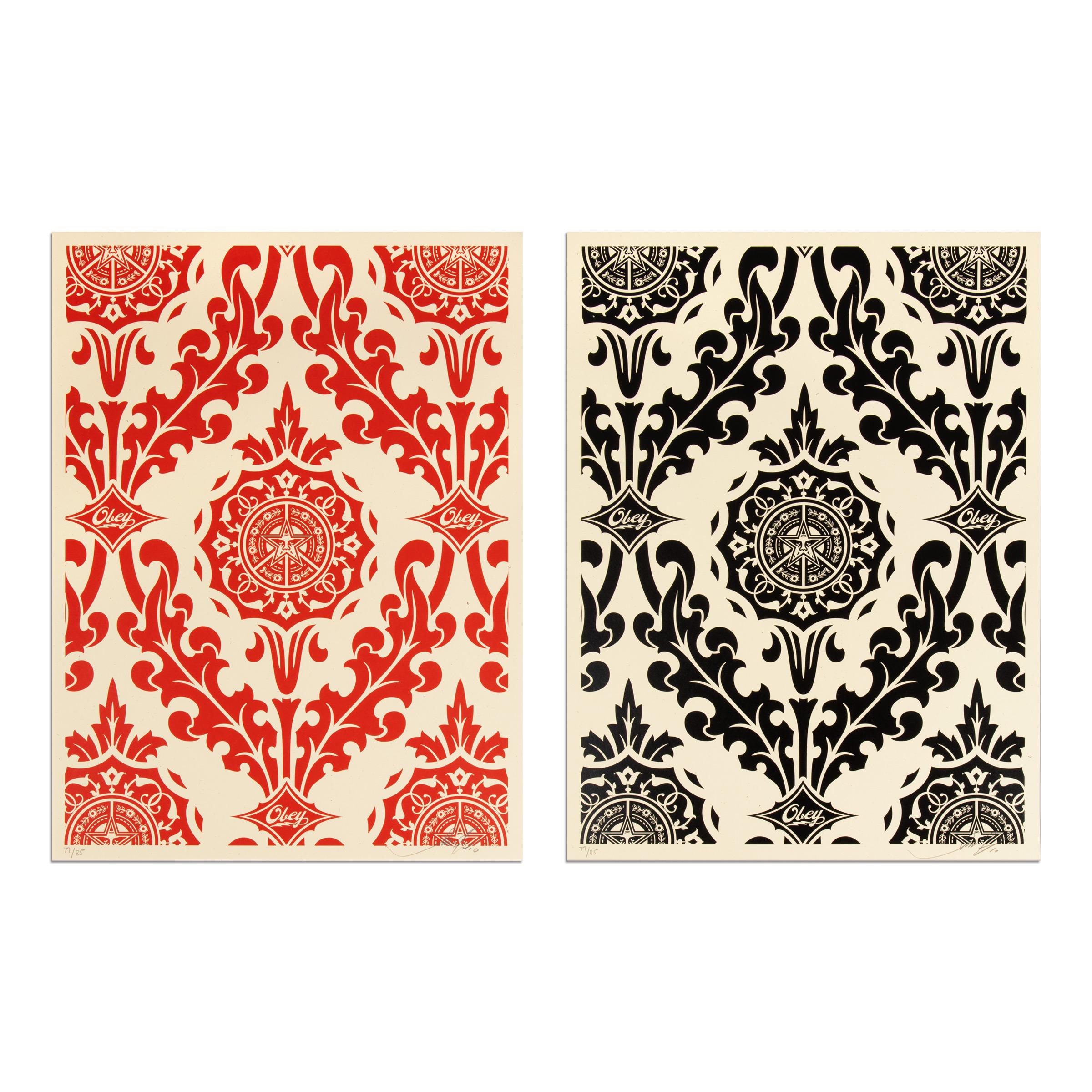 Shepard Fairey (American, b. 1970)
Parlor Pattern, 2010
Medium: Set of 2 screenprints on paper
Dimensions: each 61 × 45.7 cm (24 × 18 in)
Edition of 85: each hand-signed and numbered
Publisher: Obey Giant
Condition: Excellent
