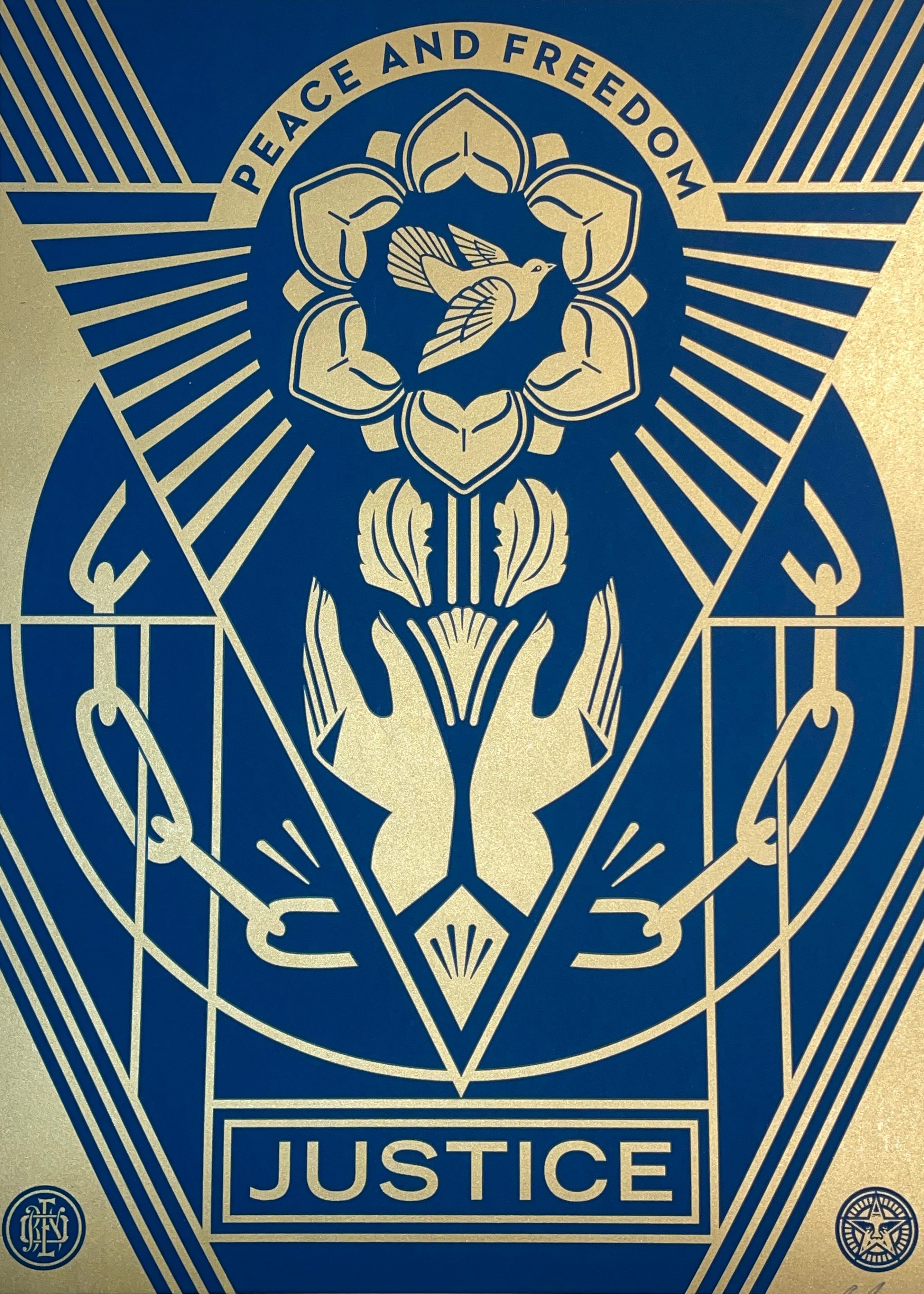 Shepard Fairey Paz y Libertad Tintas Metálicas Doradas Bellas Artes Serigrafía Callejera en venta 4
