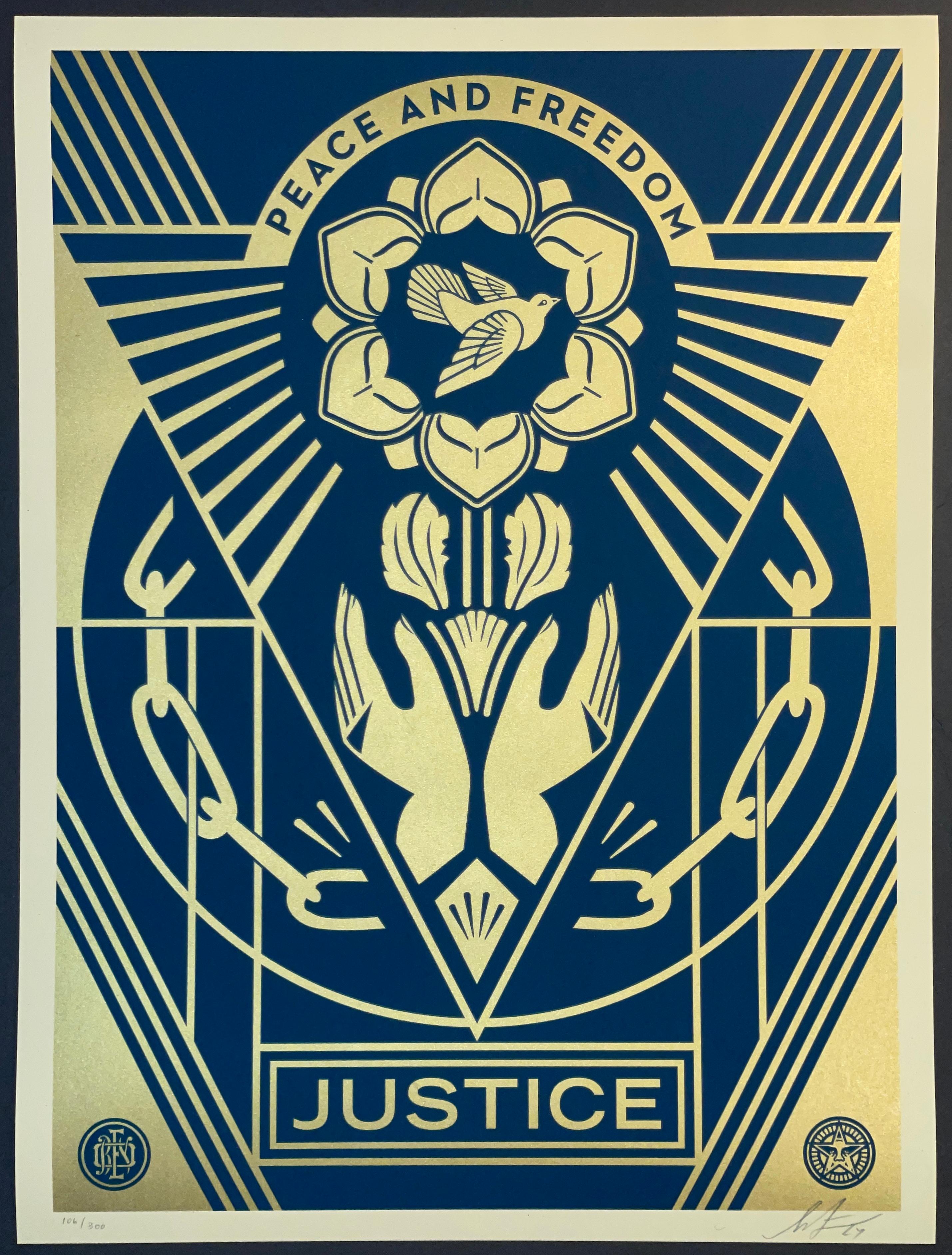 Shepard Fairey Paz y Libertad Tintas Metálicas Doradas Bellas Artes Serigrafía Callejera en venta 5