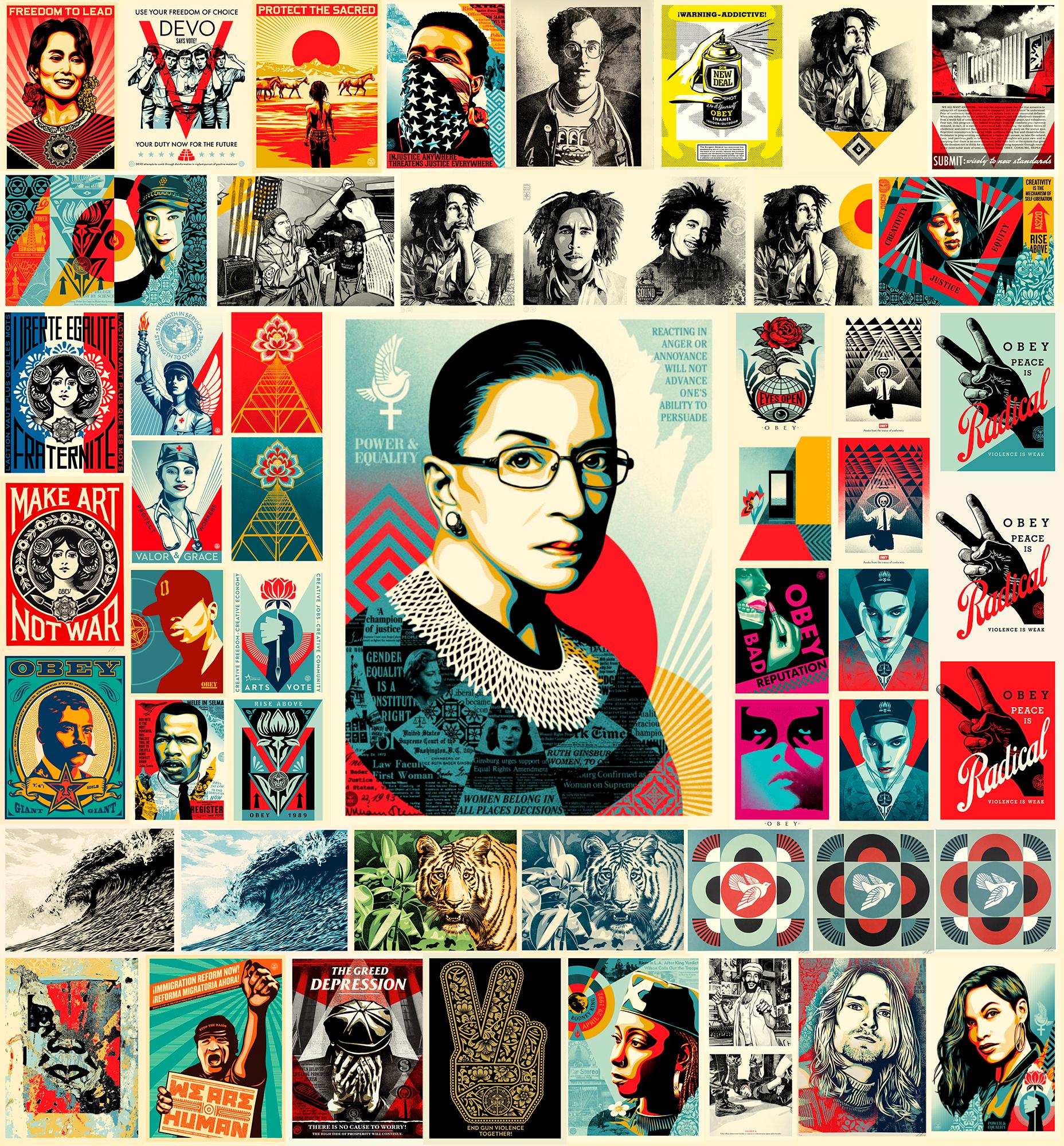 Shepard Fairey Screen-prints: collection of 60 works: 2009-2022: 

A rare assemblage of 60 hand-signed Shepard Fairey screen-prints; collected over a near 15 year period (2009-2022). Notable imagery includes: Bob Marley, Keith Haring, Ruth Bader