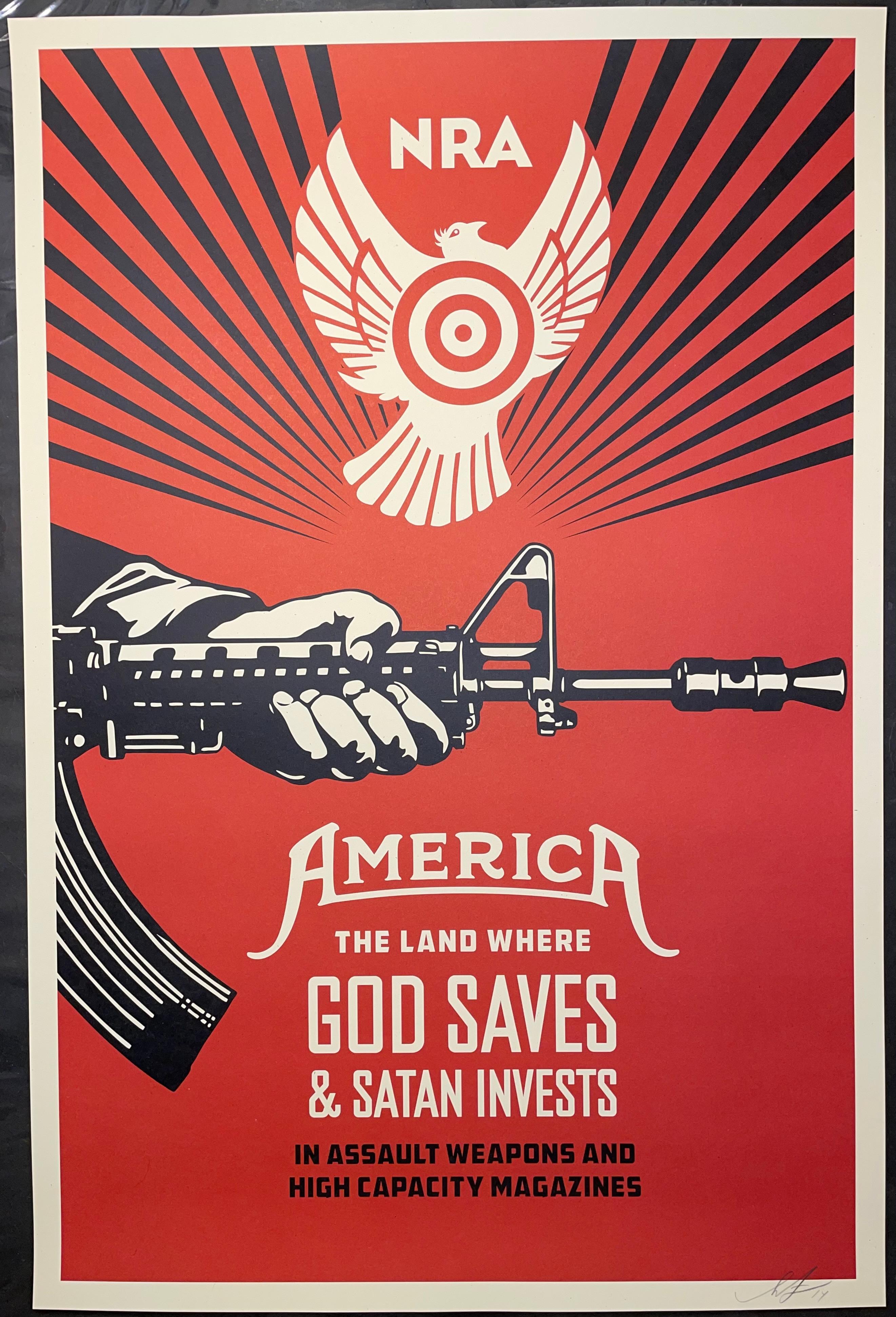 Impression signée Shepard Fairey 2013 God Saves & Satan Invests Street Art Guns Urban